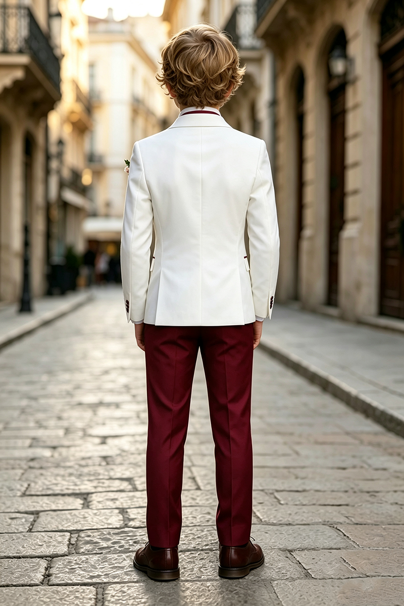 Boys White‑Burgundy Tuxedo with Contrast Accents 2-Piece Suit for Weddings