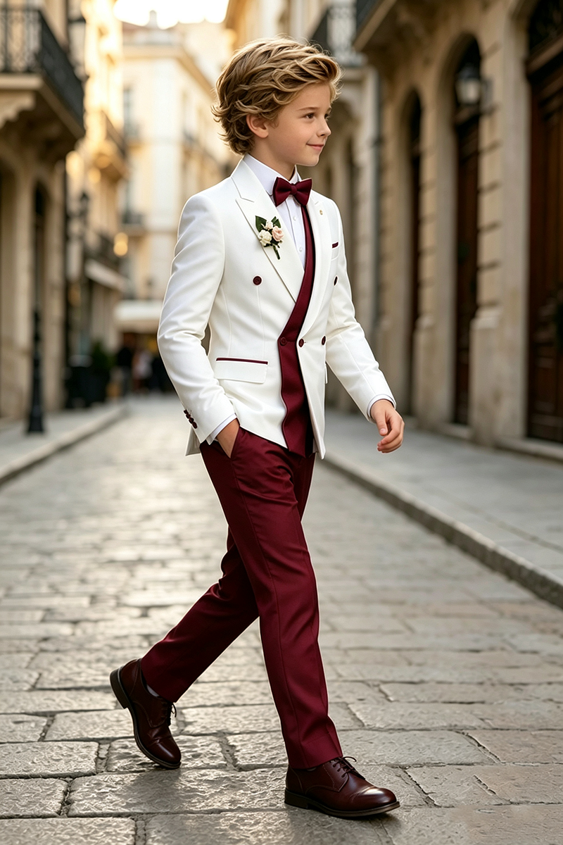 Boys White‑Burgundy Tuxedo with Contrast Accents 2-Piece Suit for Weddings