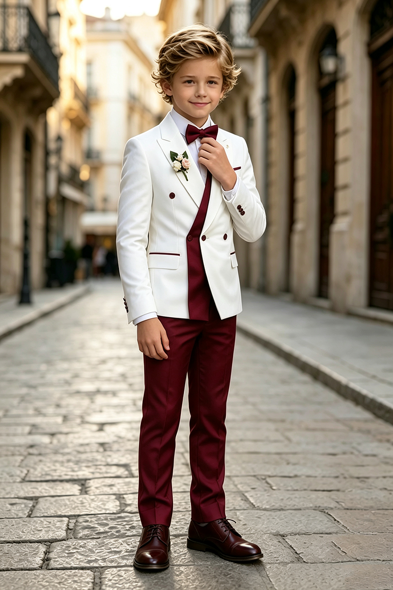 Boys White‑Burgundy Tuxedo with Contrast Accents 2-Piece Suit for Weddings