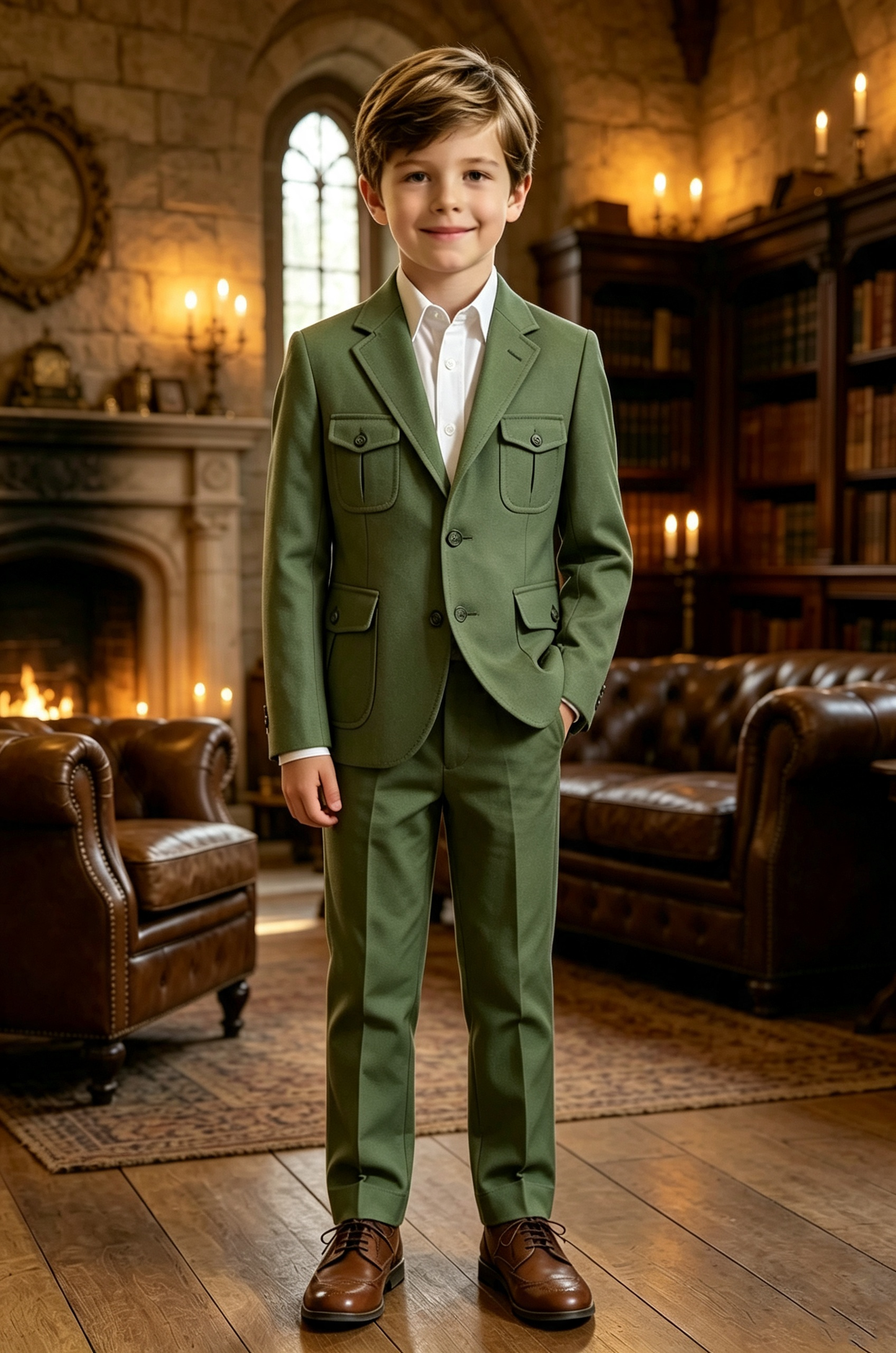 Olive‑Green Serge‑Blend Multi‑Pocket Single‑Breasted 2‑Piece Suit