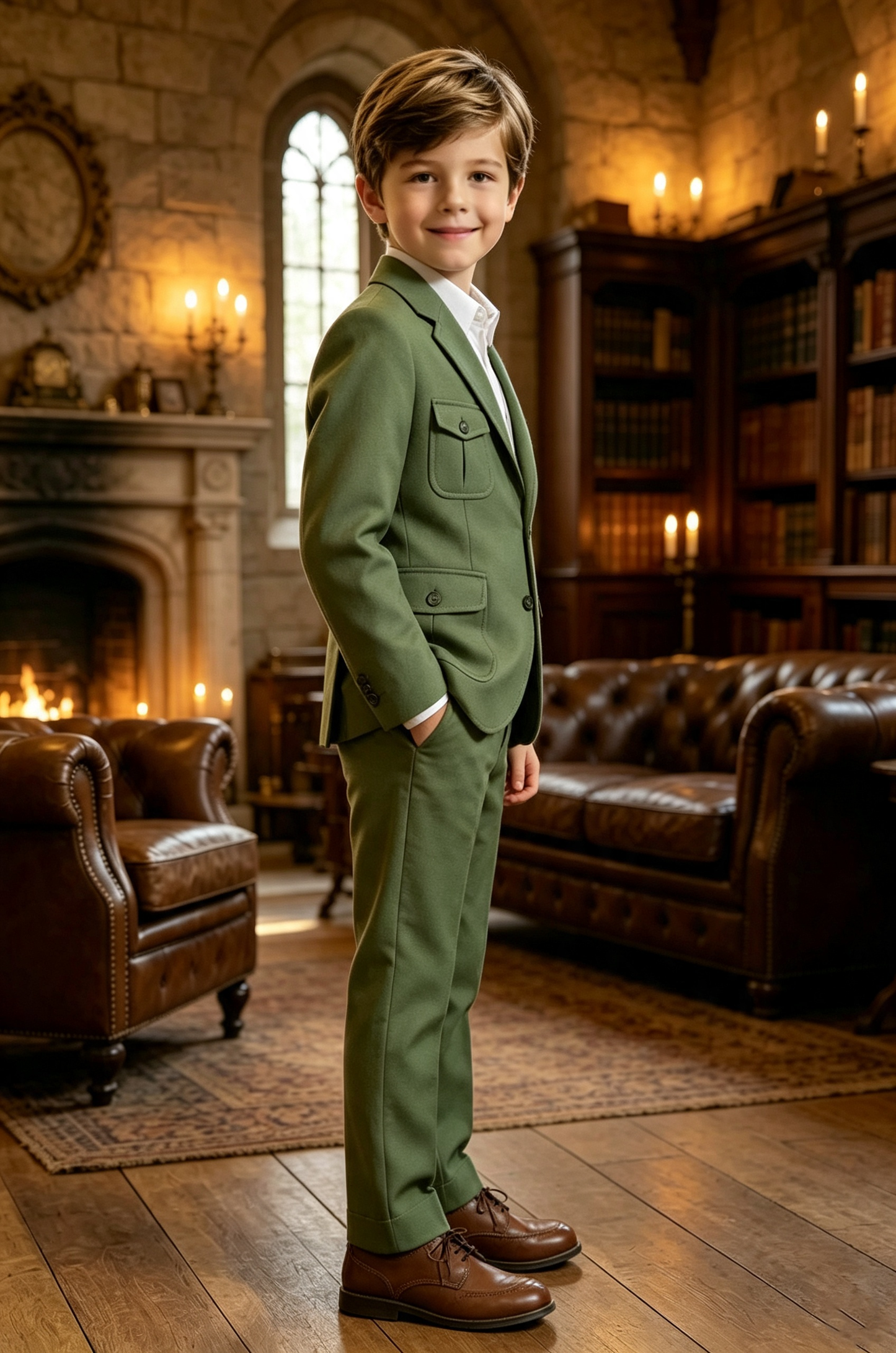 Olive‑Green Serge‑Blend Multi‑Pocket Single‑Breasted 2‑Piece Suit