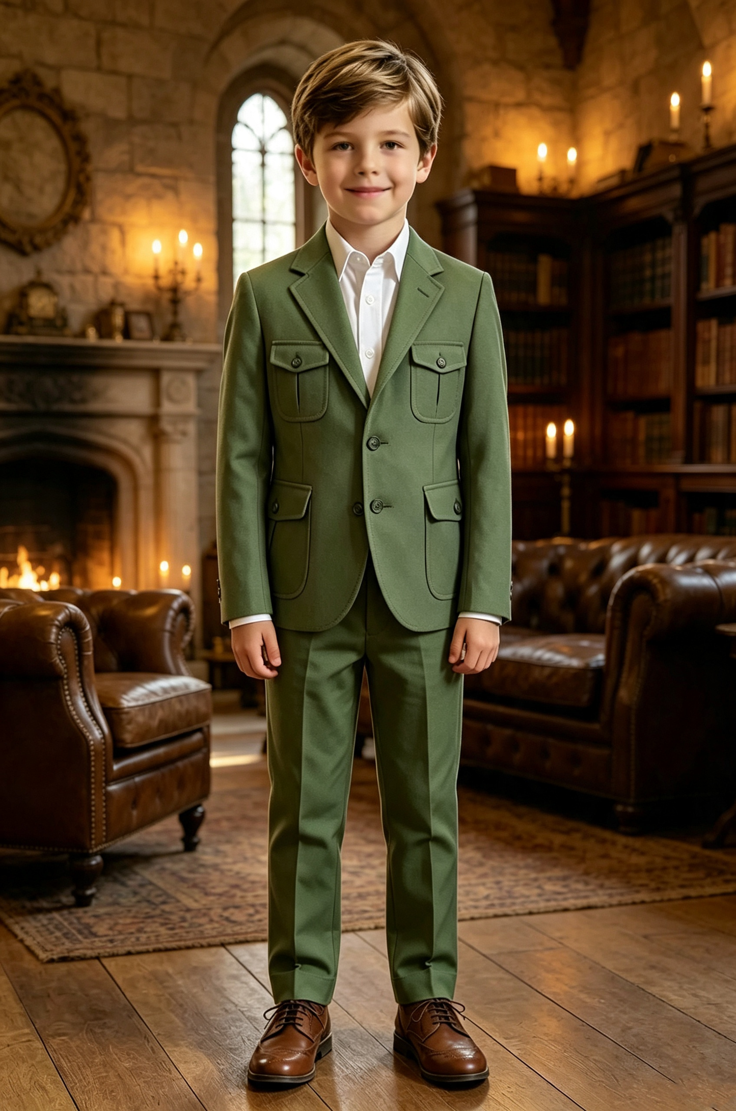 Olive‑Green Serge‑Blend Multi‑Pocket Single‑Breasted 2‑Piece Suit