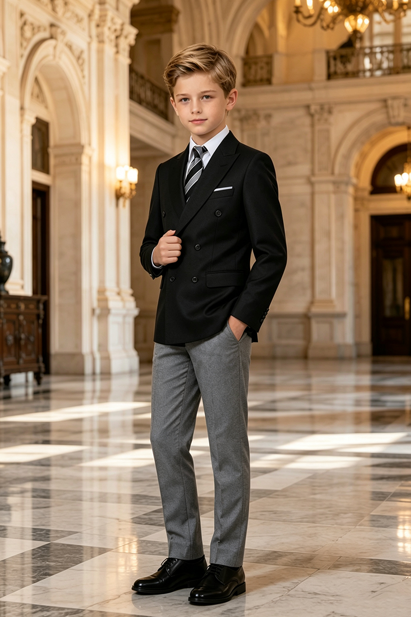 Boys Black‑Grey with Notch Lapel  2-Piece Suit for Weddings