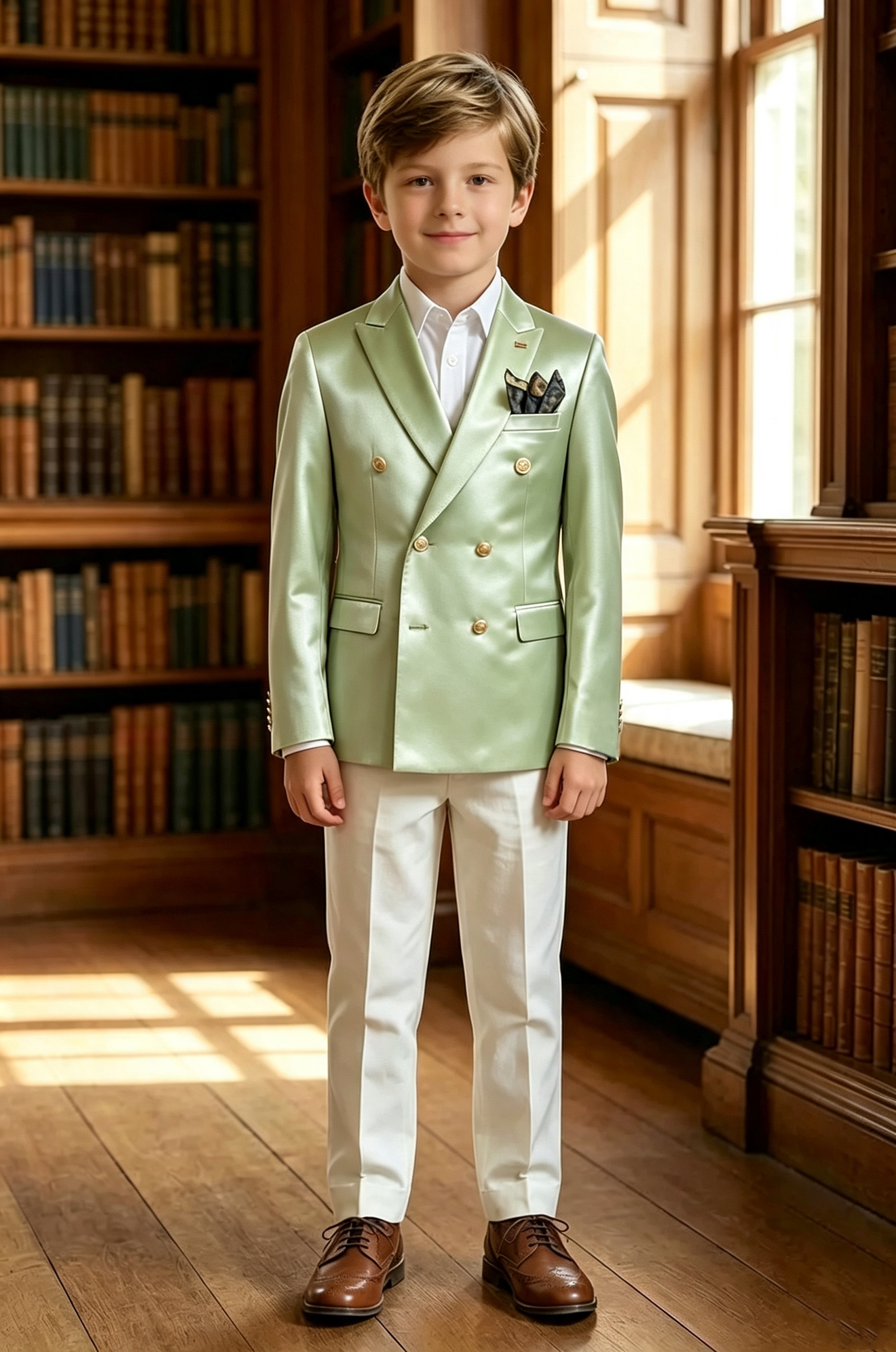 Mint‑Green Satin Double‑Breasted Blazer & White Serge‑Blend Trousers 2‑Piece Suit
