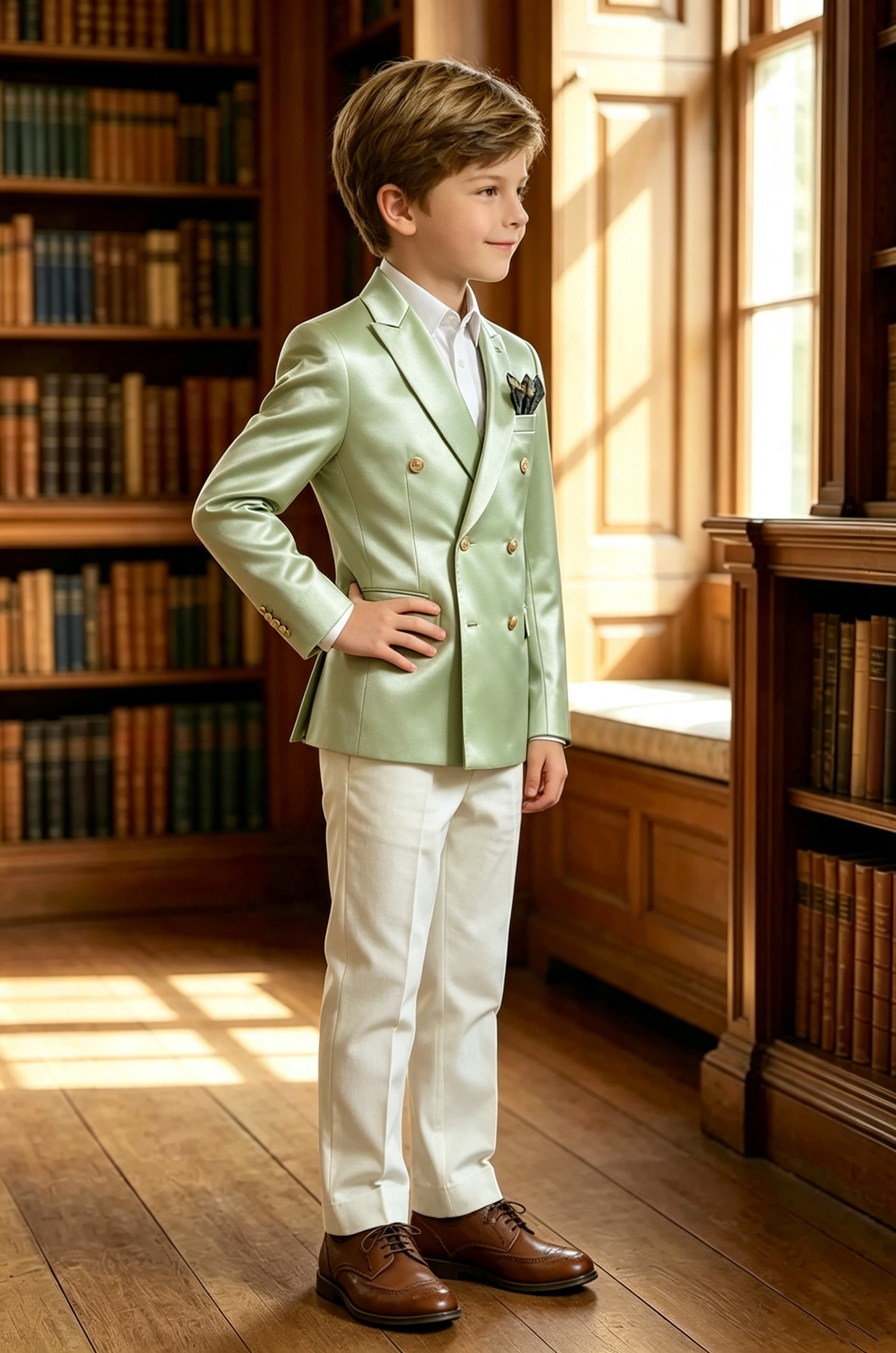 Mint‑Green Satin Double‑Breasted Blazer & White Serge‑Blend Trousers 2‑Piece Suit