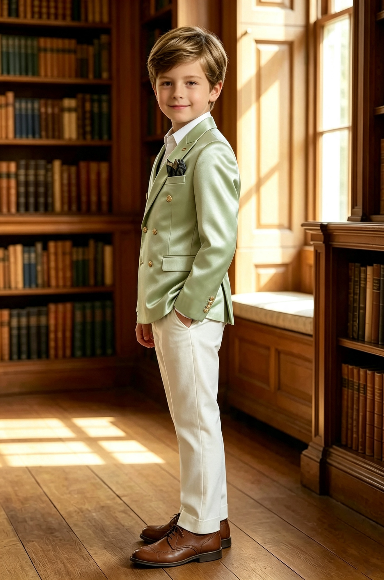Mint‑Green Satin Double‑Breasted Blazer & White Serge‑Blend Trousers 2‑Piece Suit