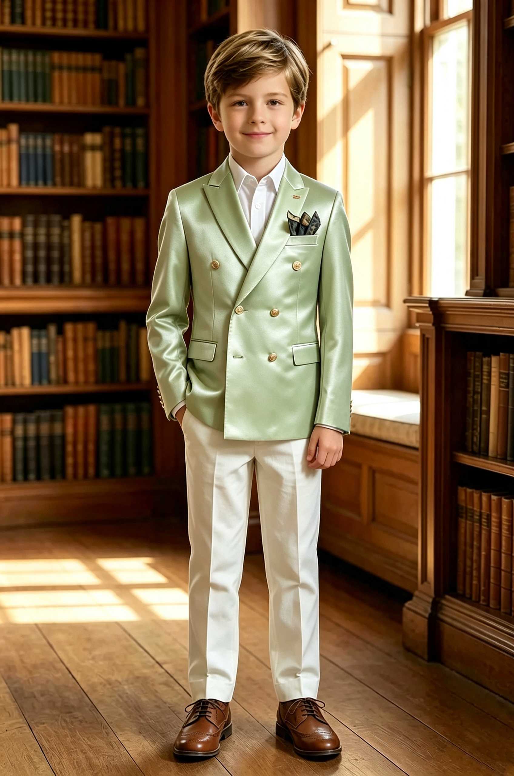 Mint‑Green Satin Double‑Breasted Blazer & White Serge‑Blend Trousers 2‑Piece Suit
