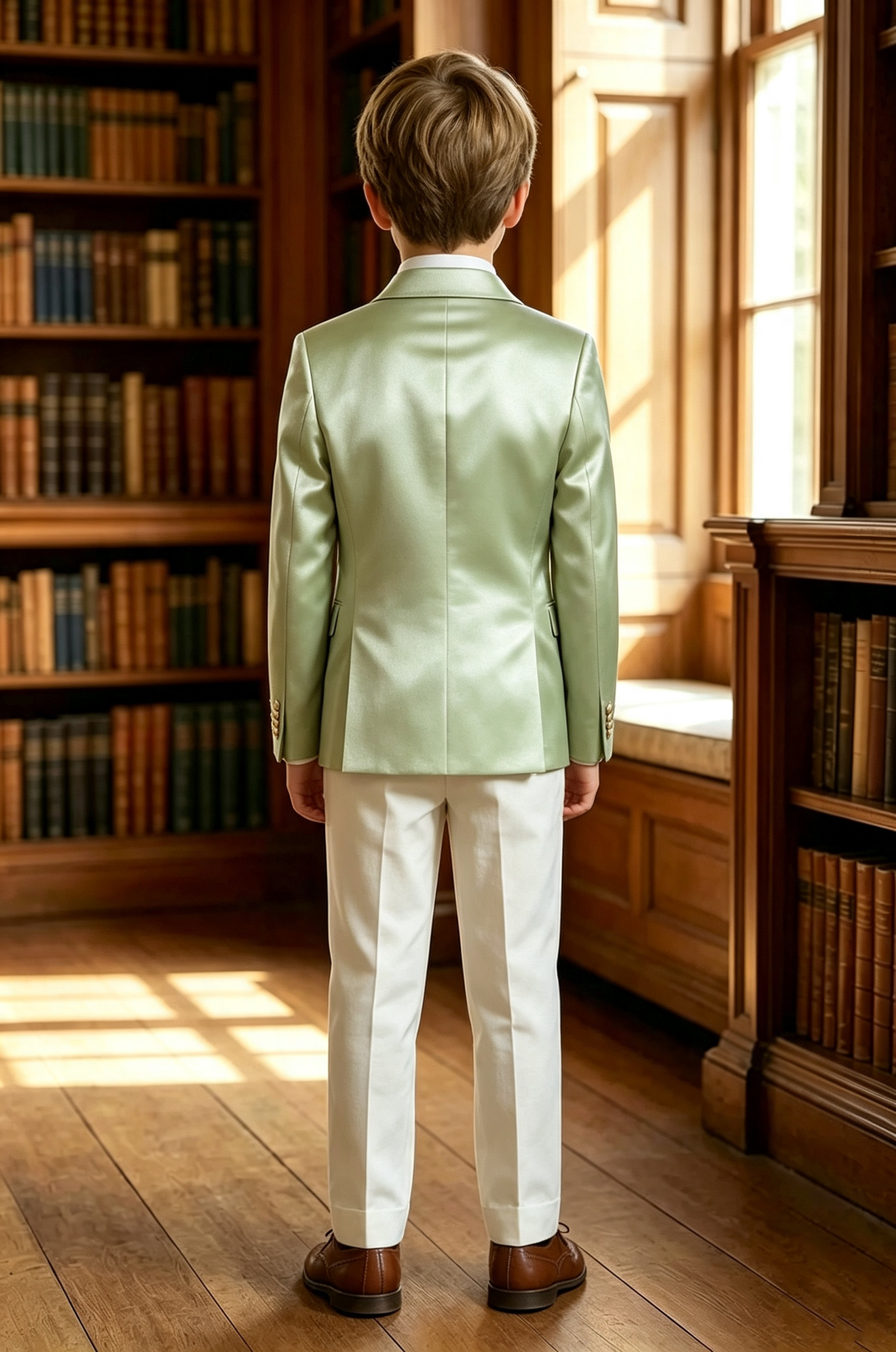 Mint‑Green Satin Double‑Breasted Blazer & White Serge‑Blend Trousers 2‑Piece Suit