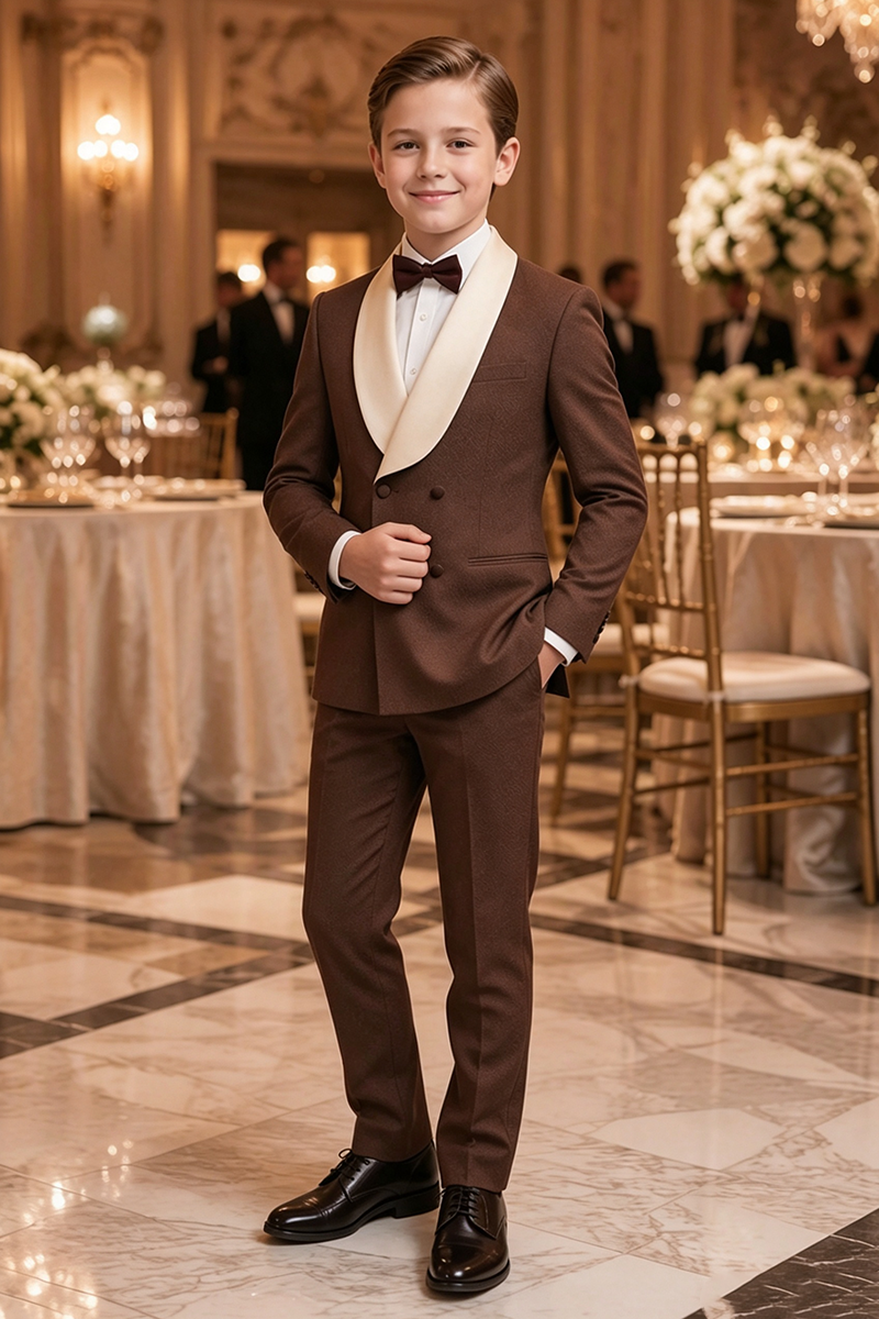 Boys Brown Tuxedo with Ivory Shawl Collar 2-Piece Suit for Weddings