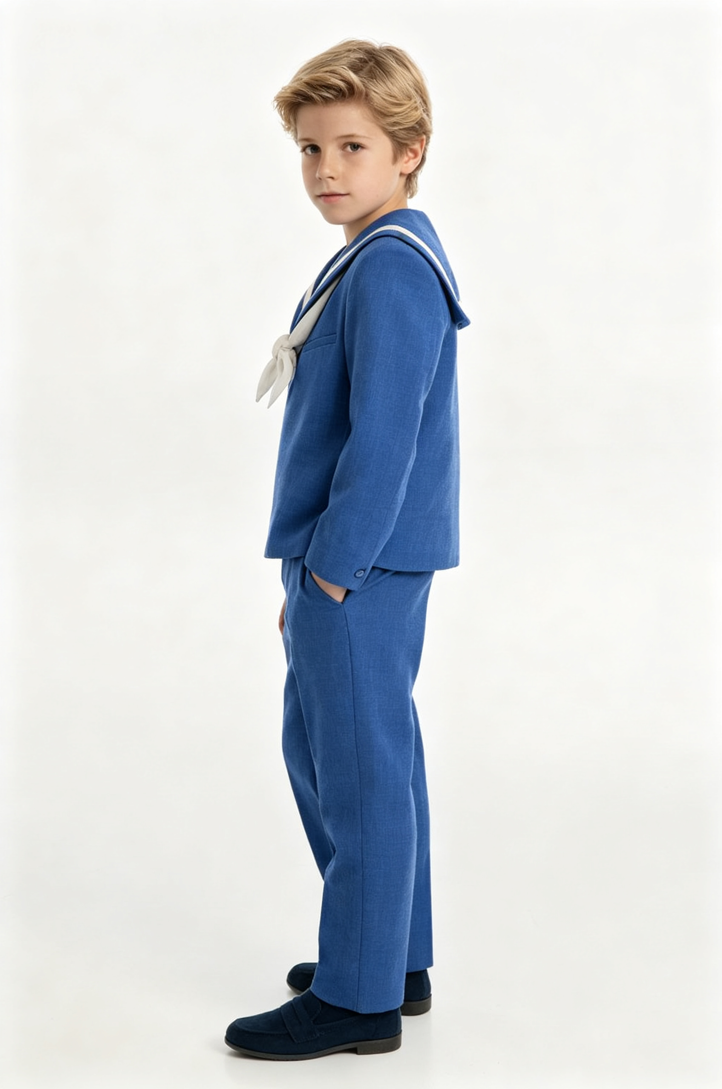 Deep‑Blue Cotton‑Linen‑Blend Pullover Long‑Sleeve 2‑Piece Boys Sailor Suit