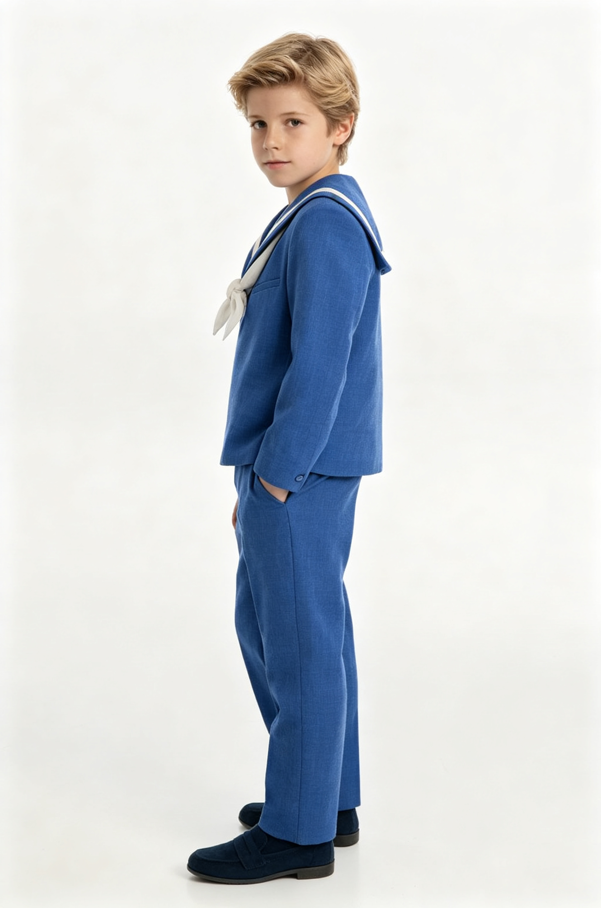 Deep‑Blue Cotton‑Linen‑Blend Pullover Long‑Sleeve 2‑Piece Boys Sailor Suit