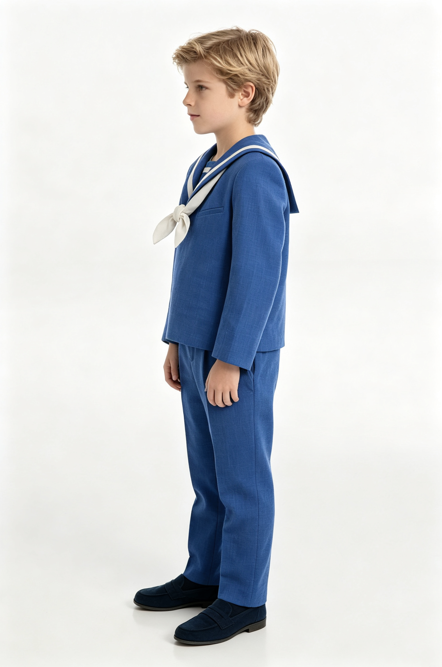 Deep‑Blue Cotton‑Linen‑Blend Pullover Long‑Sleeve 2‑Piece Boys Sailor Suit