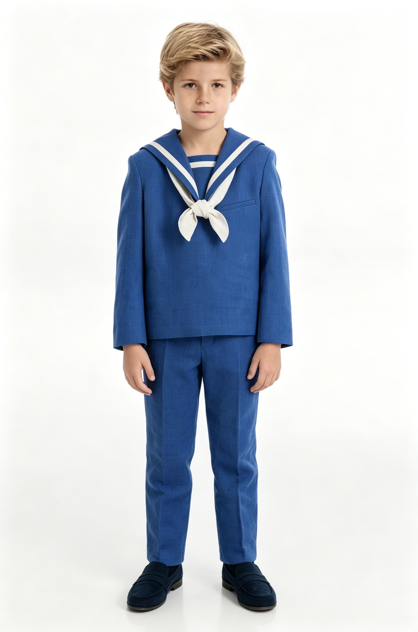 Deep‑Blue Cotton‑Linen‑Blend Pullover Long‑Sleeve 2‑Piece Boys Sailor Suit