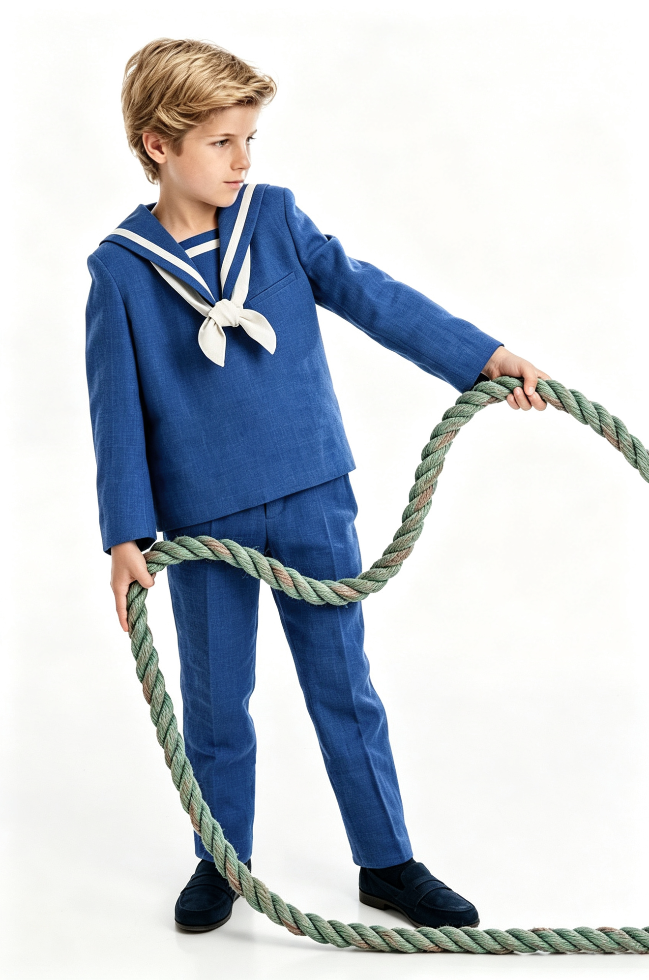 Deep‑Blue Cotton‑Linen‑Blend Pullover Long‑Sleeve 2‑Piece Boys Sailor Suit