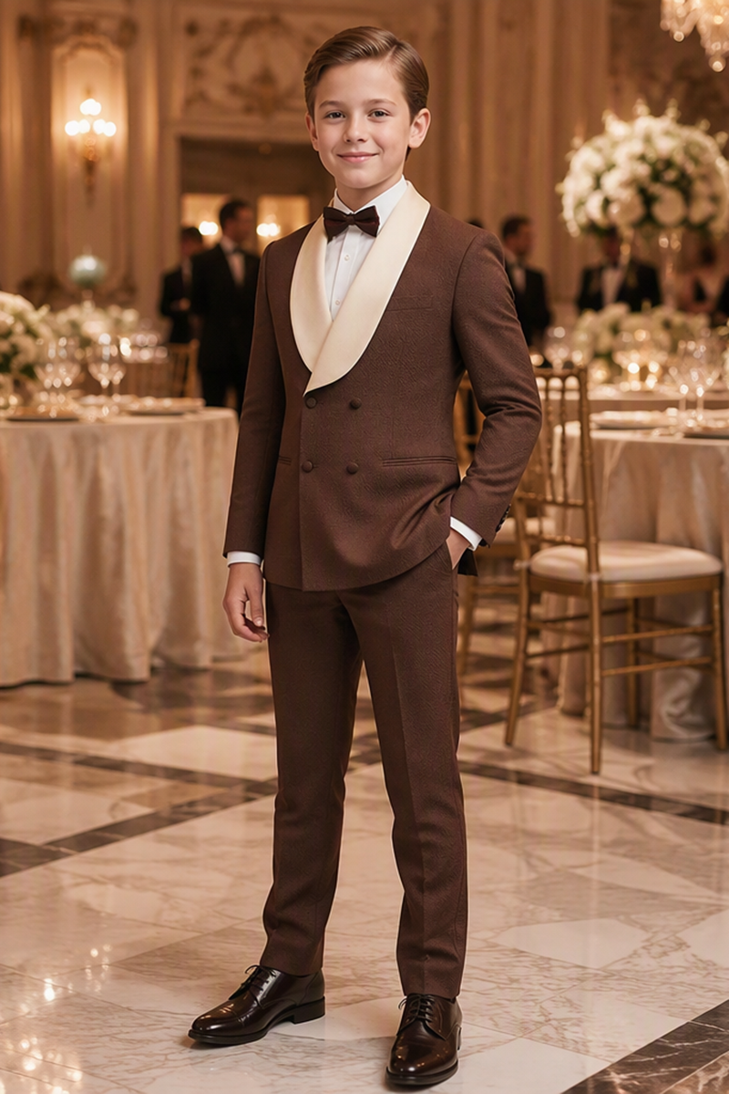 Boys Brown Tuxedo with Ivory Shawl Collar 2-Piece Suit for Weddings