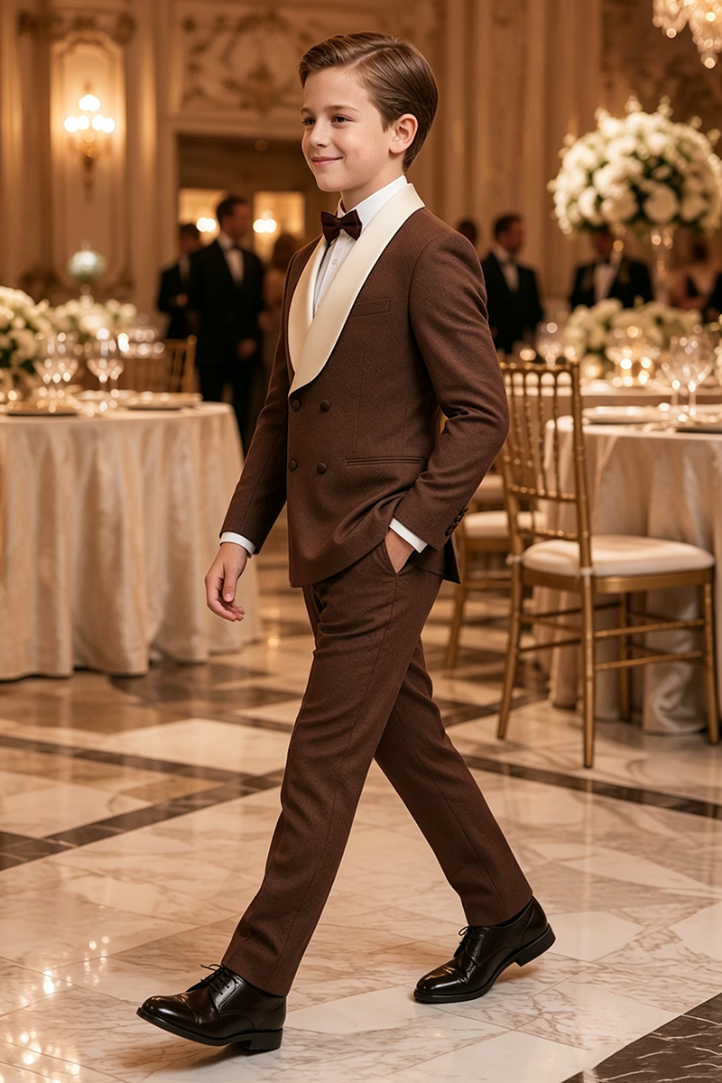 Boys Brown Tuxedo with Ivory Shawl Collar 2-Piece Suit for Weddings