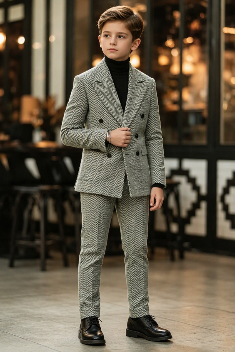 Boys Herringbone with Double‑Breasted Lapel 2-Piece Suit for Weddings