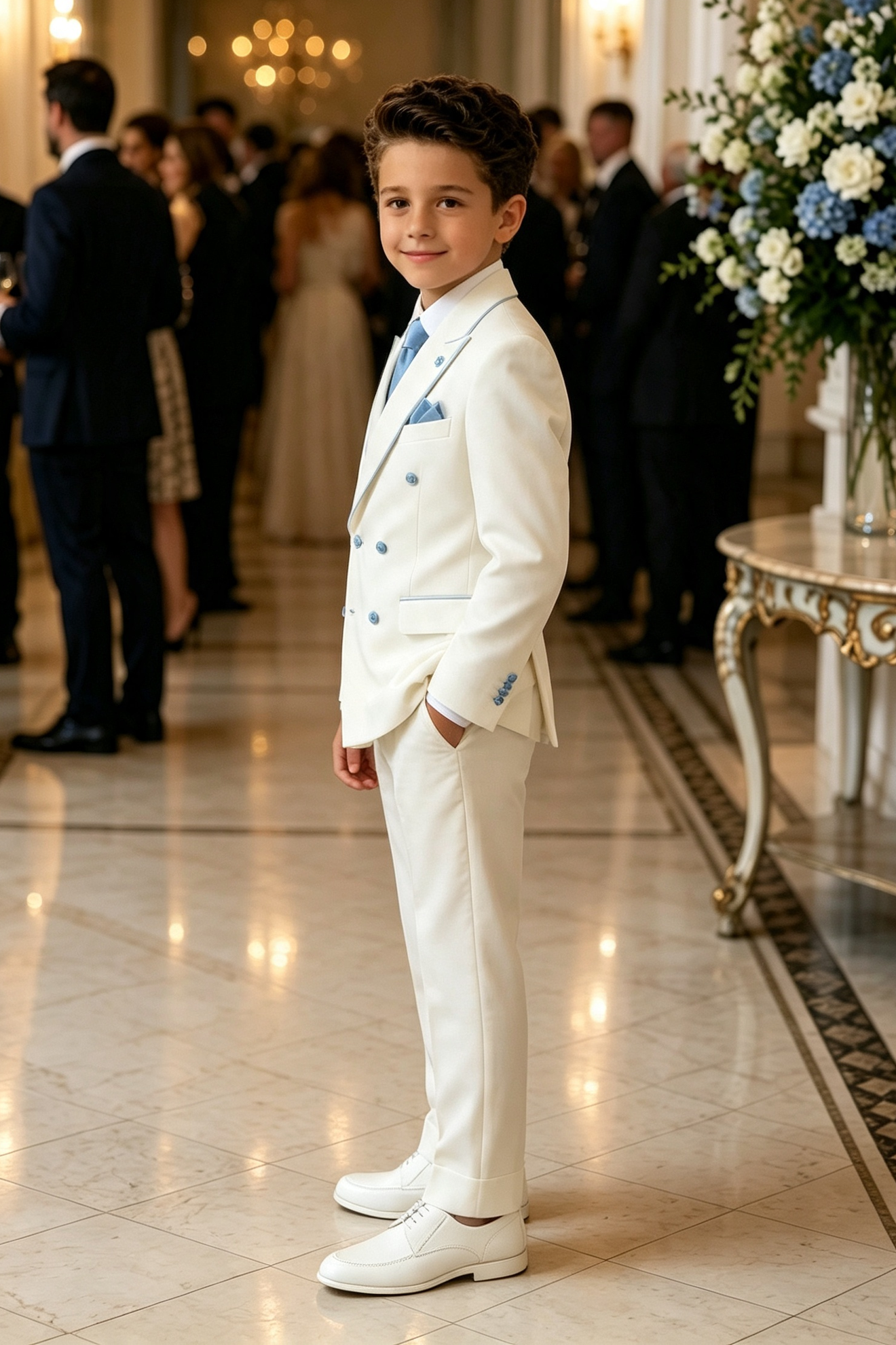Cream‑White Serge‑Blend Light‑Blue Piping Double‑Breasted 2‑Piece Suit