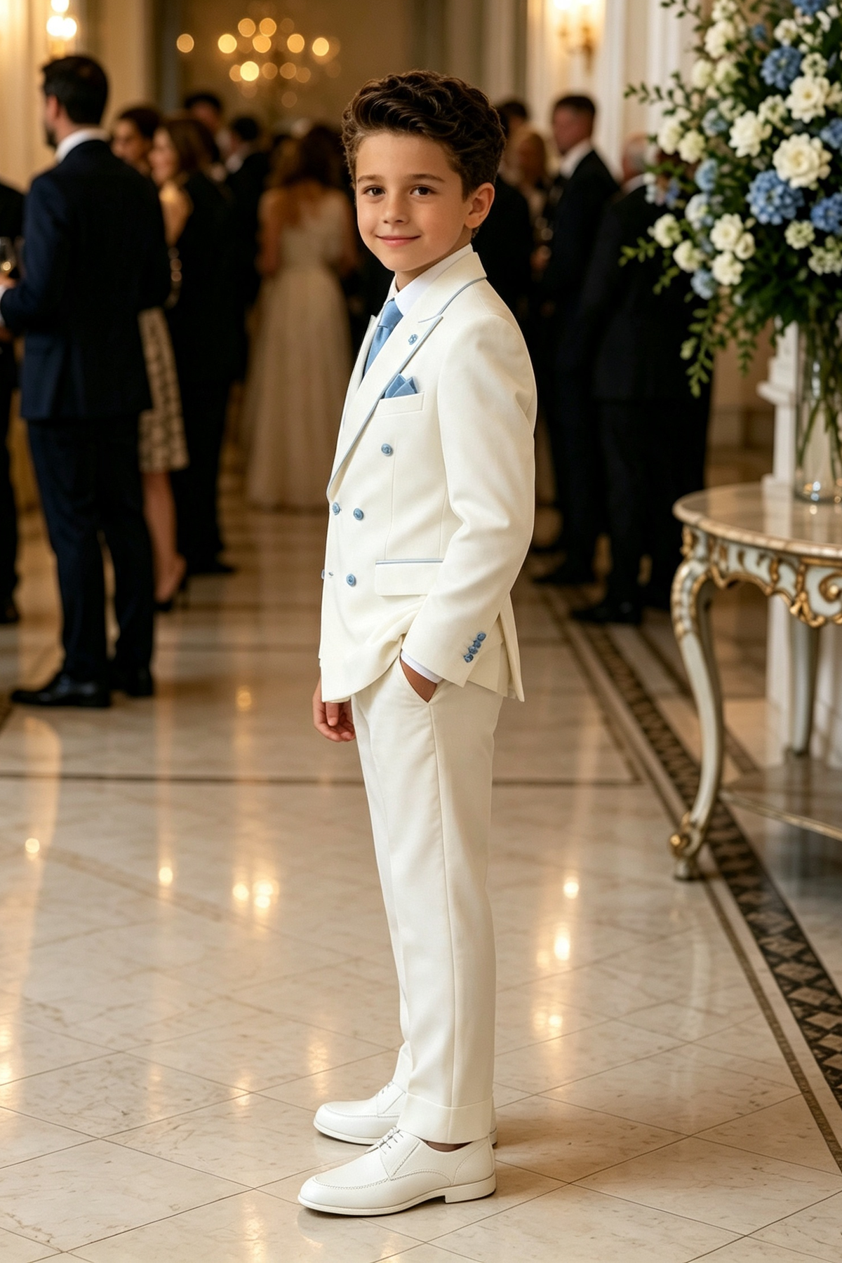 Cream‑White Serge‑Blend Light‑Blue Piping Double‑Breasted 2‑Piece Suit