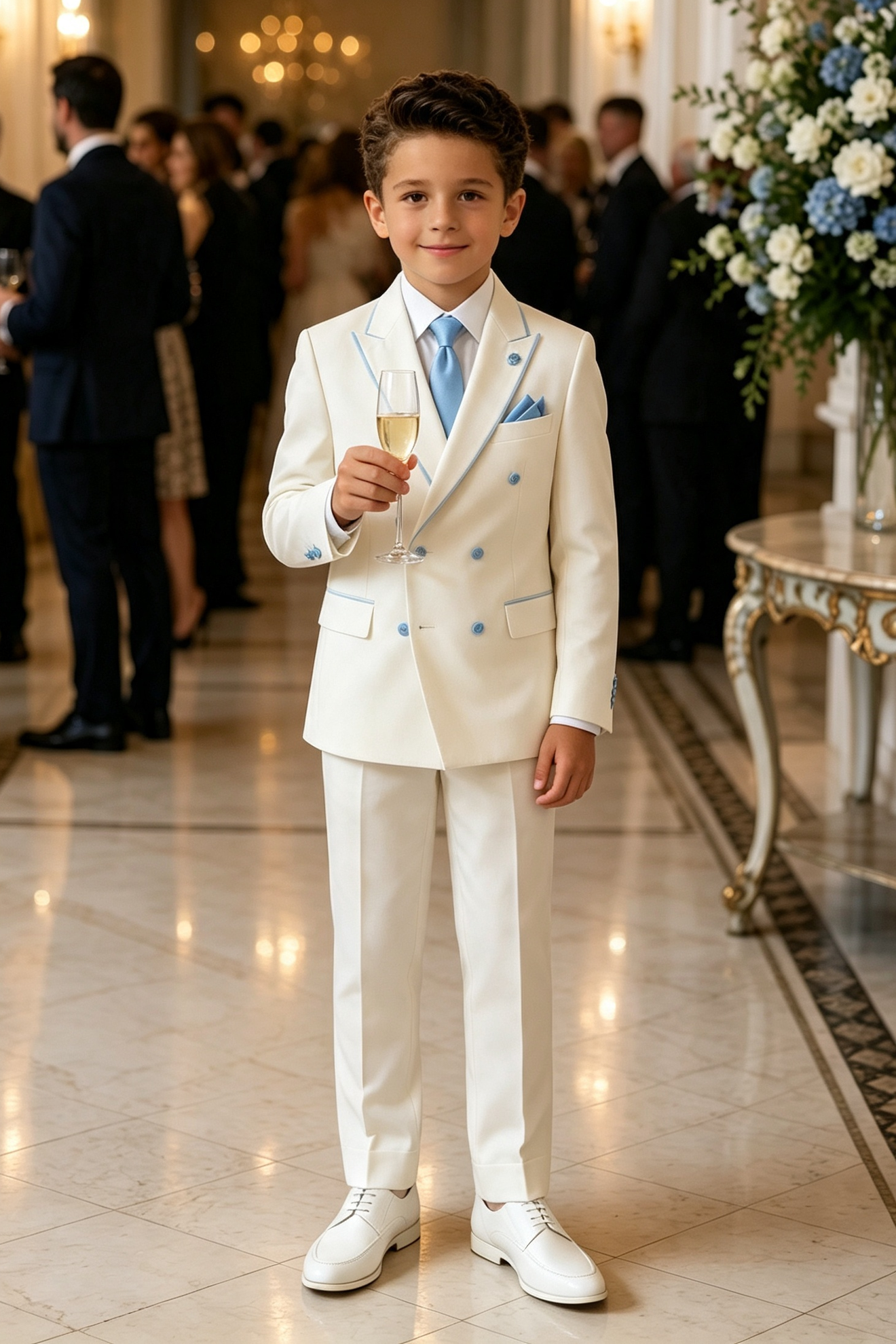 Cream‑White Serge‑Blend Light‑Blue Piping Double‑Breasted 2‑Piece Suit