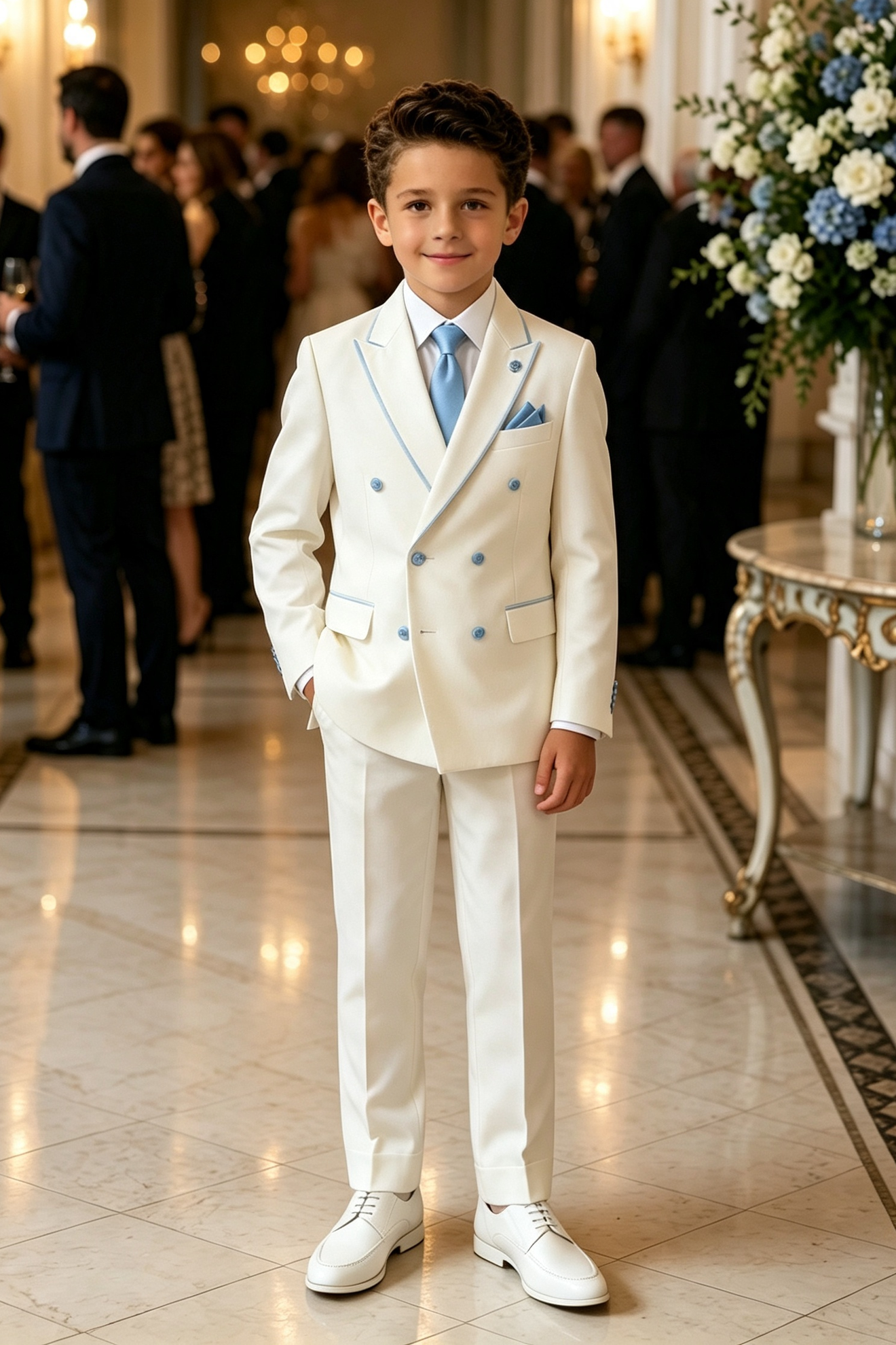 Cream‑White Serge‑Blend Light‑Blue Piping Double‑Breasted 2‑Piece Suit