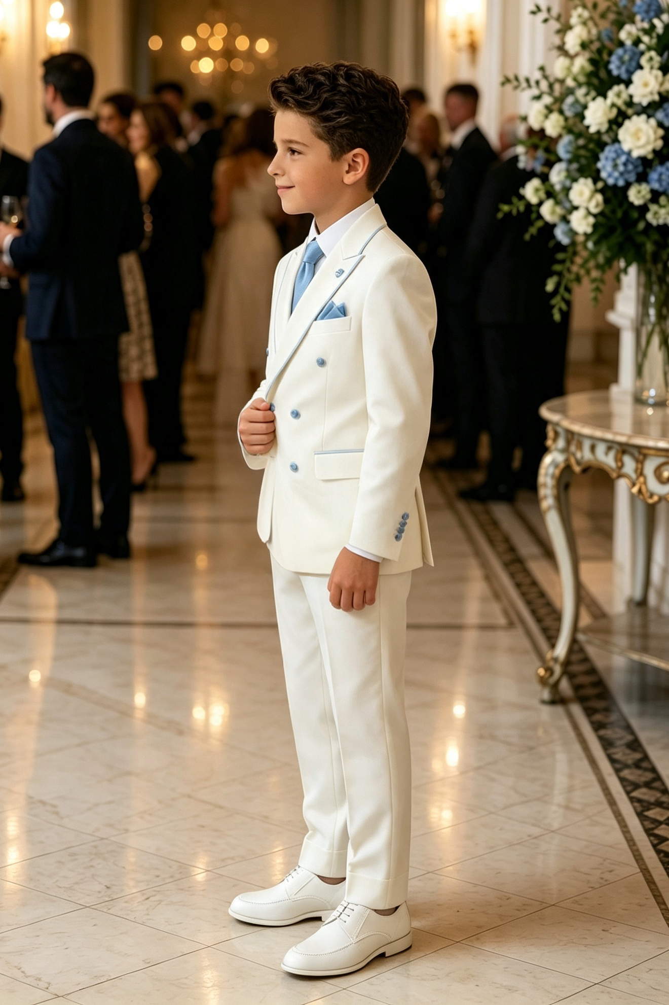 Cream‑White Serge‑Blend Light‑Blue Piping Double‑Breasted 2‑Piece Suit