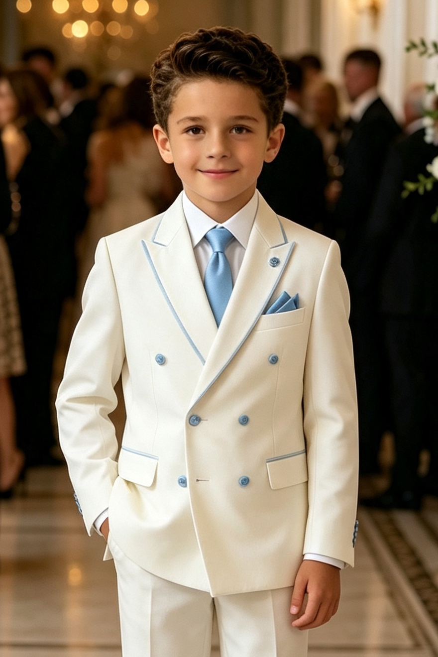 Cream‑White Serge‑Blend Light‑Blue Piping Double‑Breasted 2‑Piece Suit