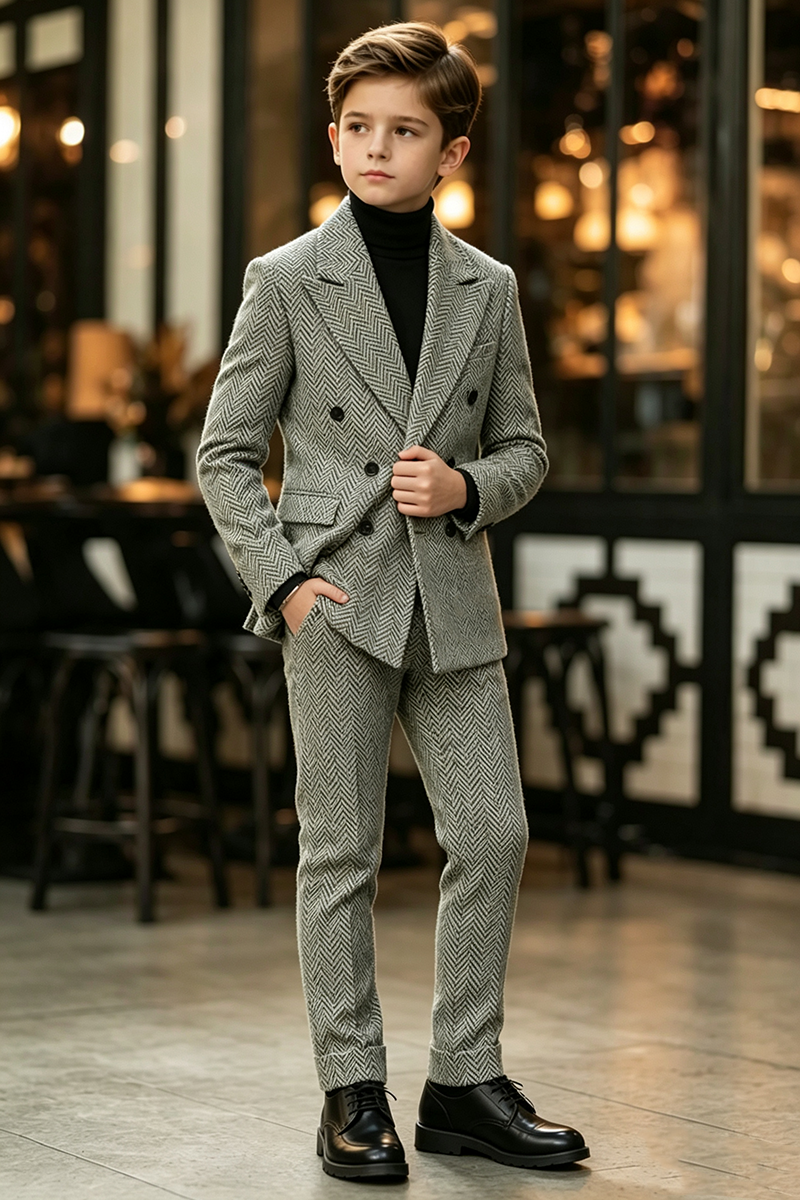 Boys Herringbone with Double‑Breasted Lapel 2-Piece Suit for Weddings