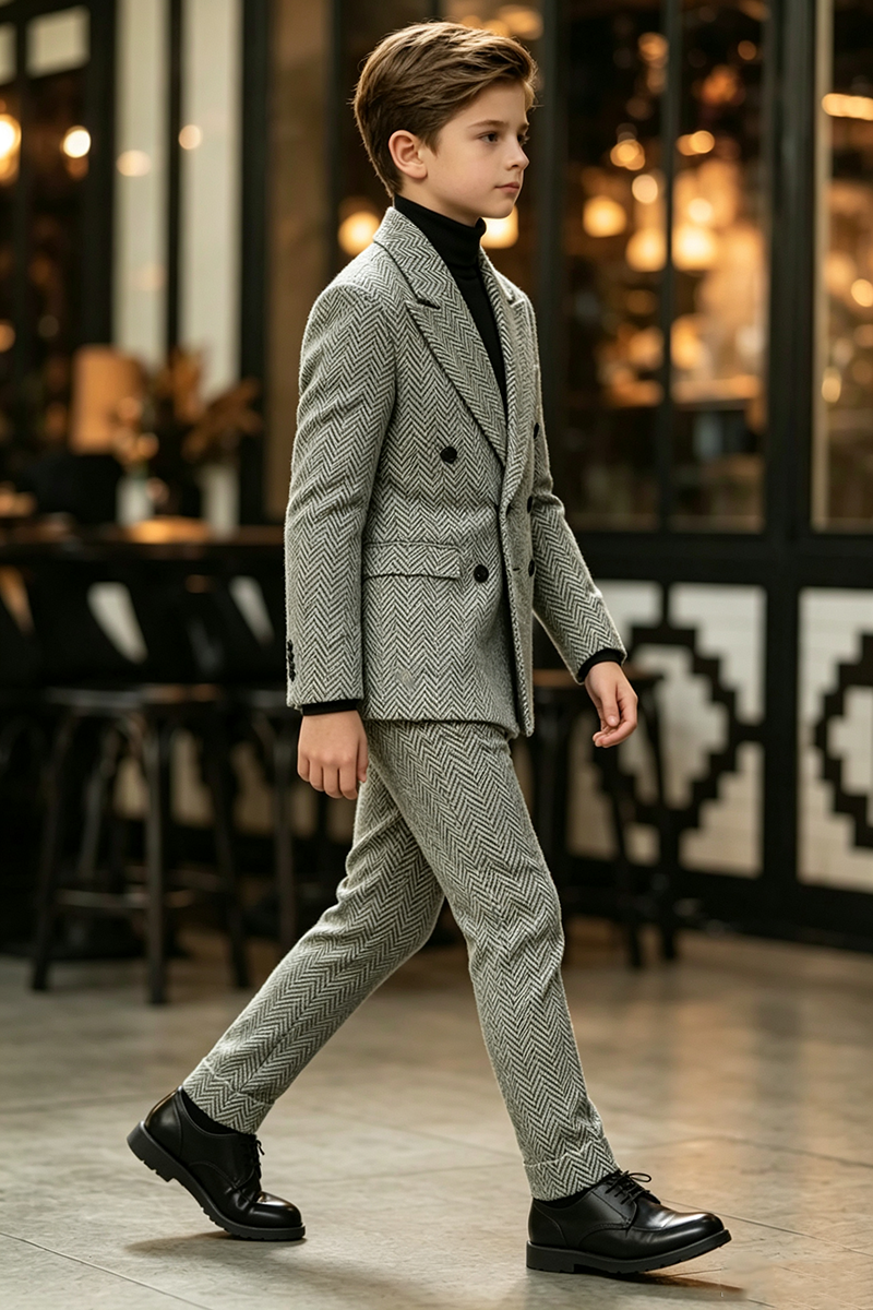 Boys Herringbone with Double‑Breasted Lapel 2-Piece Suit for Weddings