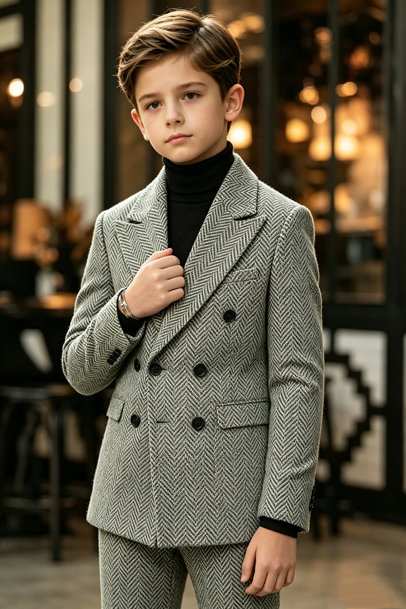 Boys Herringbone with Double‑Breasted Lapel 2-Piece Suit for Weddings