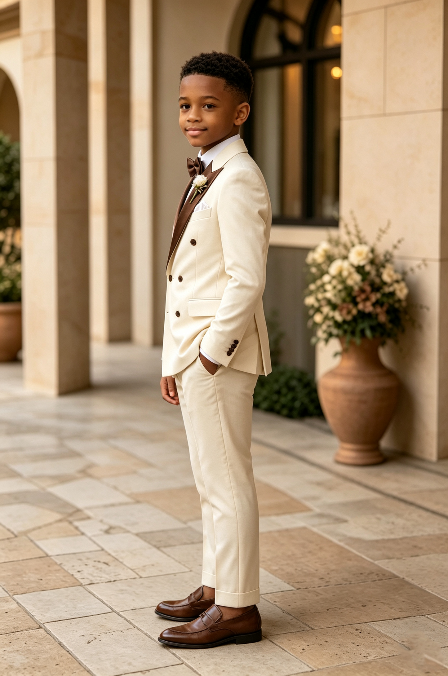 Beige Serge‑Blend Brown Satin Lapels Double‑Breasted 2‑Piece Suit