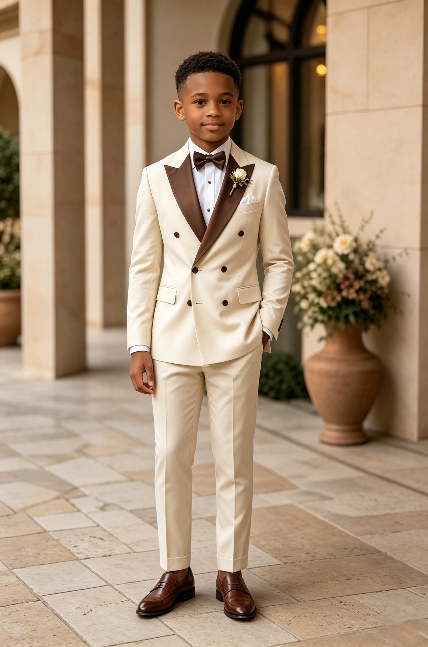 Beige Serge‑Blend Brown Satin Lapels Double‑Breasted 2‑Piece Suit