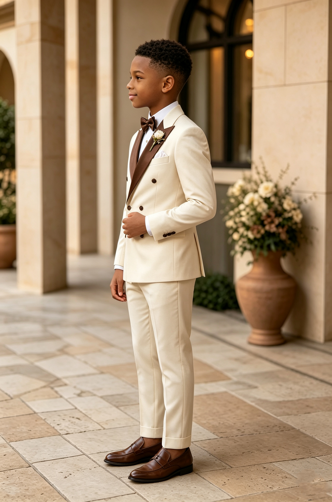 Beige Serge‑Blend Brown Satin Lapels Double‑Breasted 2‑Piece Suit