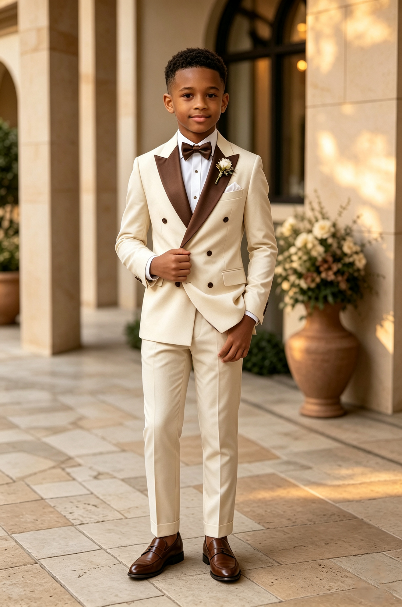 Beige Serge‑Blend Brown Satin Lapels Double‑Breasted 2‑Piece Suit