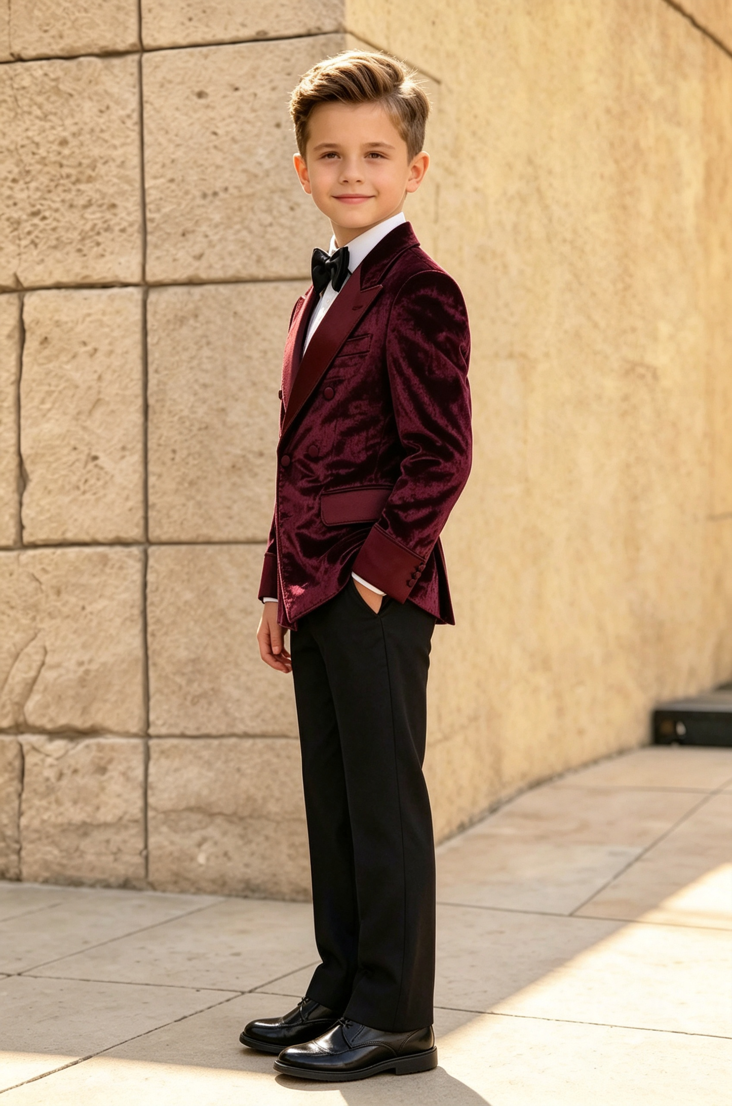 Burgundy Velvet Satin Lapel Black Serge‑Blend Trousers 2‑Piece Suit