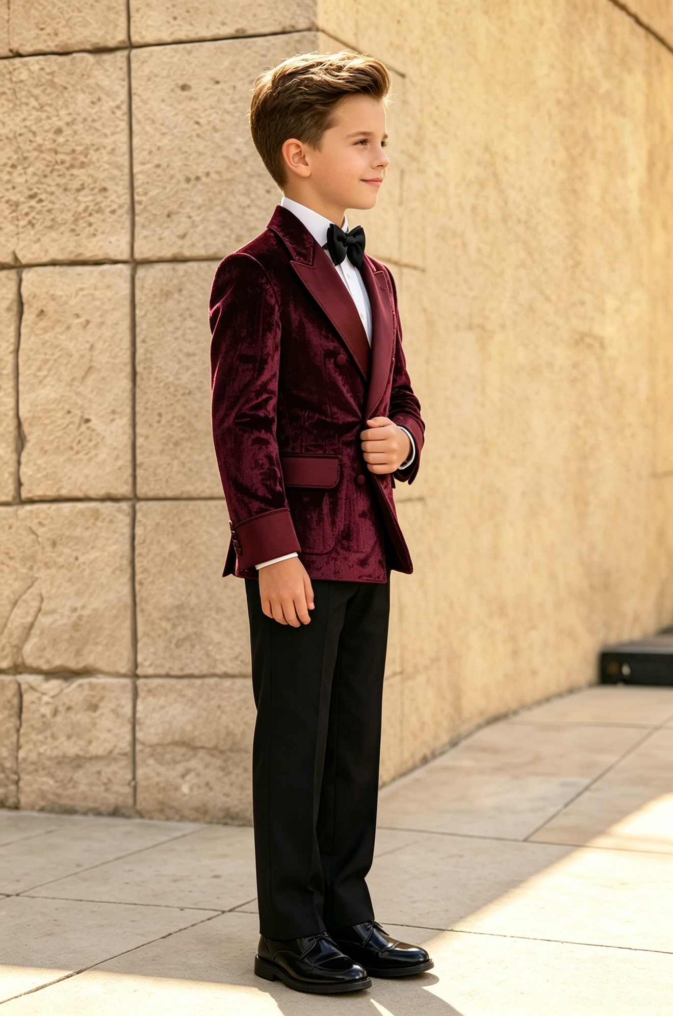 Burgundy Velvet Satin Lapel Black Serge‑Blend Trousers 2‑Piece Suit