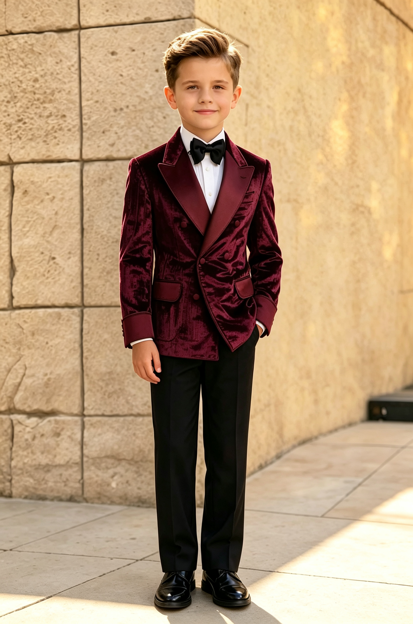 Burgundy Velvet Satin Lapel Black Serge‑Blend Trousers 2‑Piece Suit