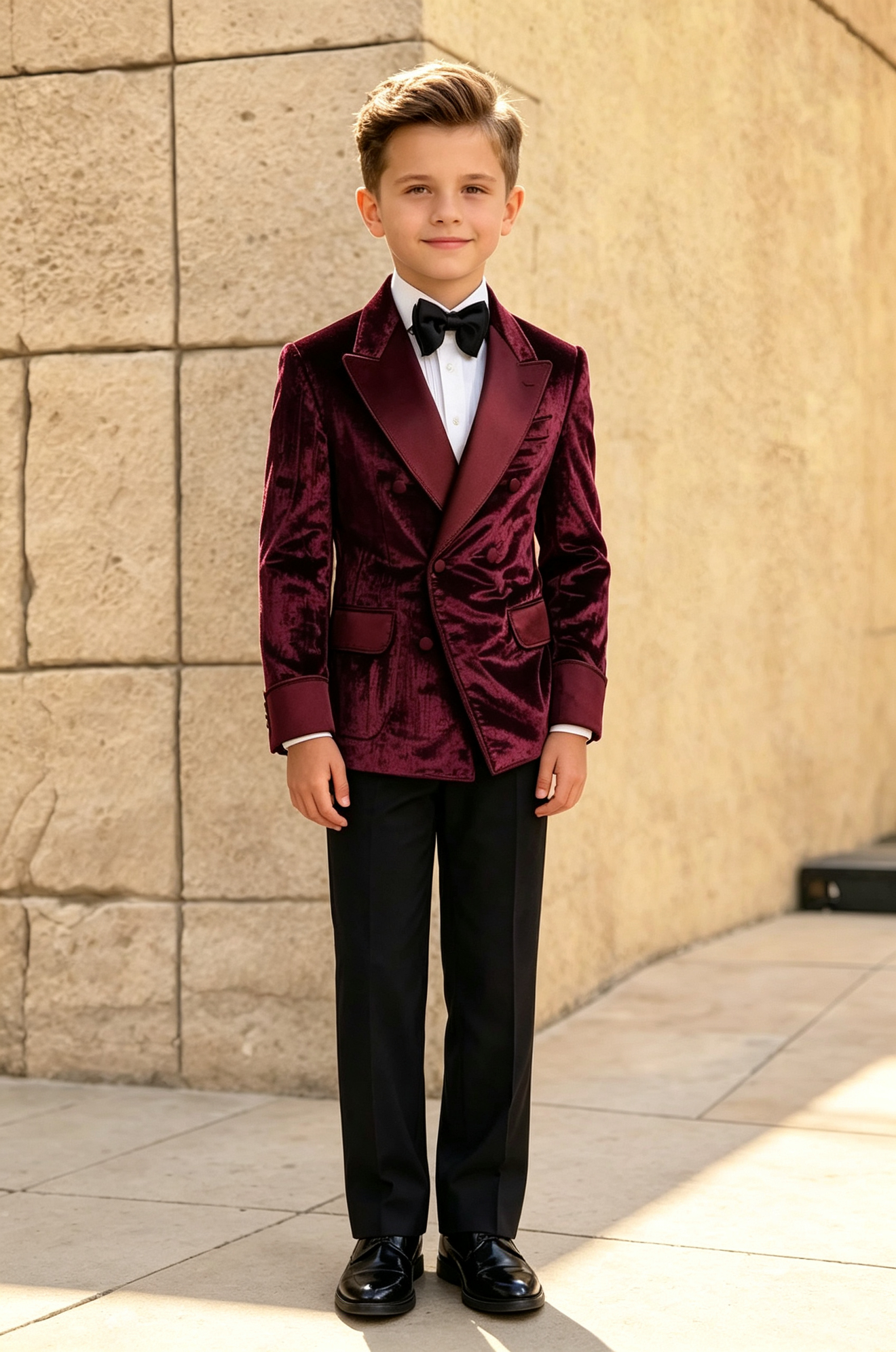 Burgundy Velvet Satin Lapel Black Serge‑Blend Trousers 2‑Piece Suit