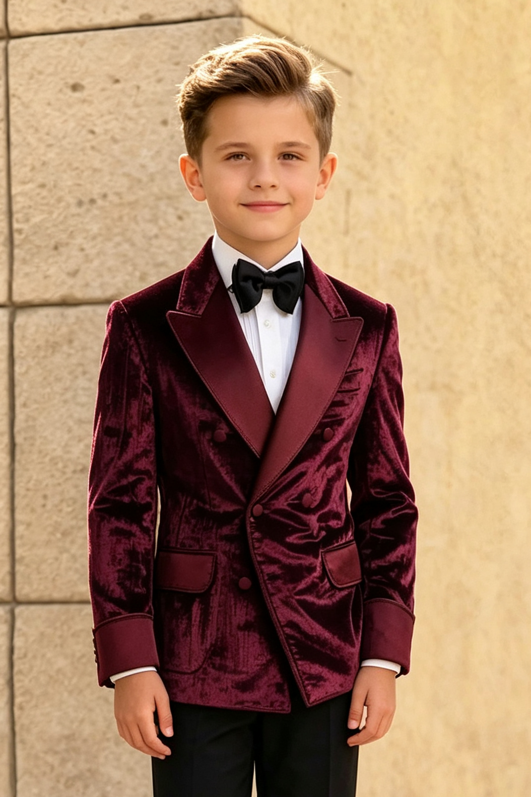 Burgundy Velvet Satin Lapel Black Serge‑Blend Trousers 2‑Piece Suit