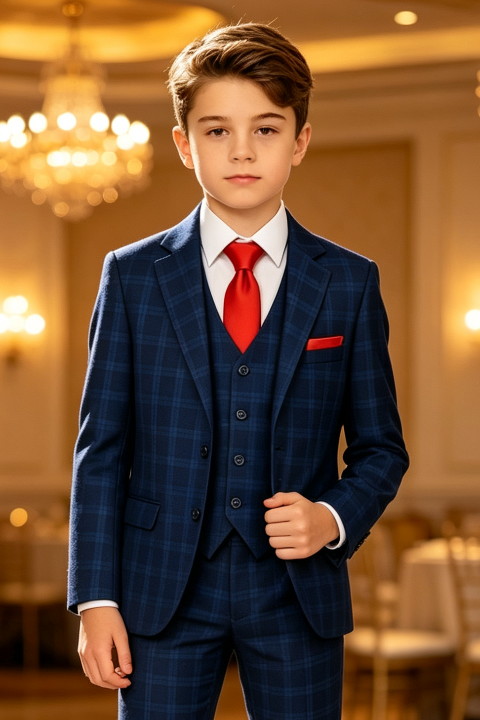 Navy‑Blue Plaid Serge‑Blend Boys Single‑Breasted 3‑Piece Suit