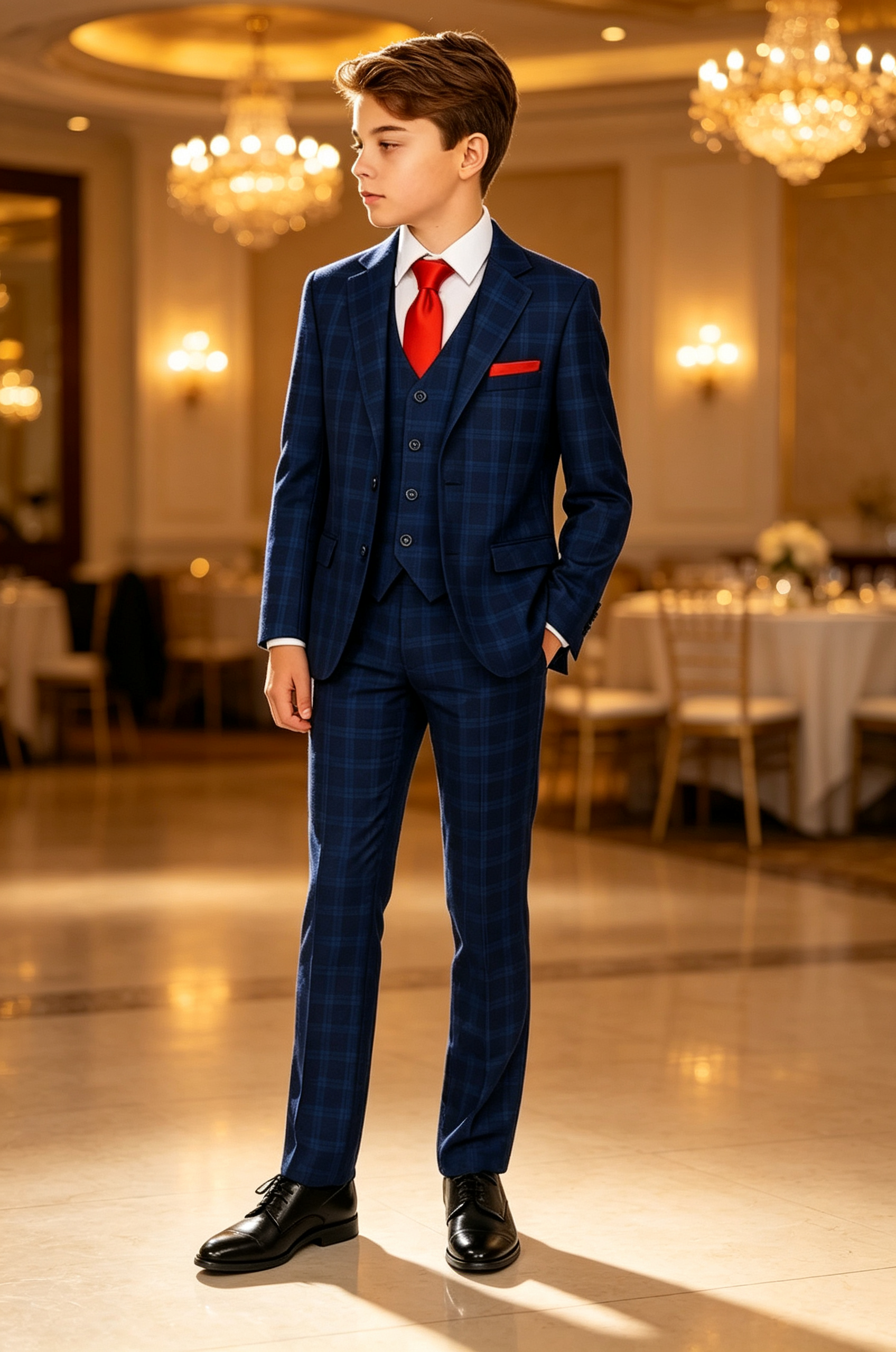Navy‑Blue Plaid Serge‑Blend Boys Single‑Breasted 3‑Piece Suit