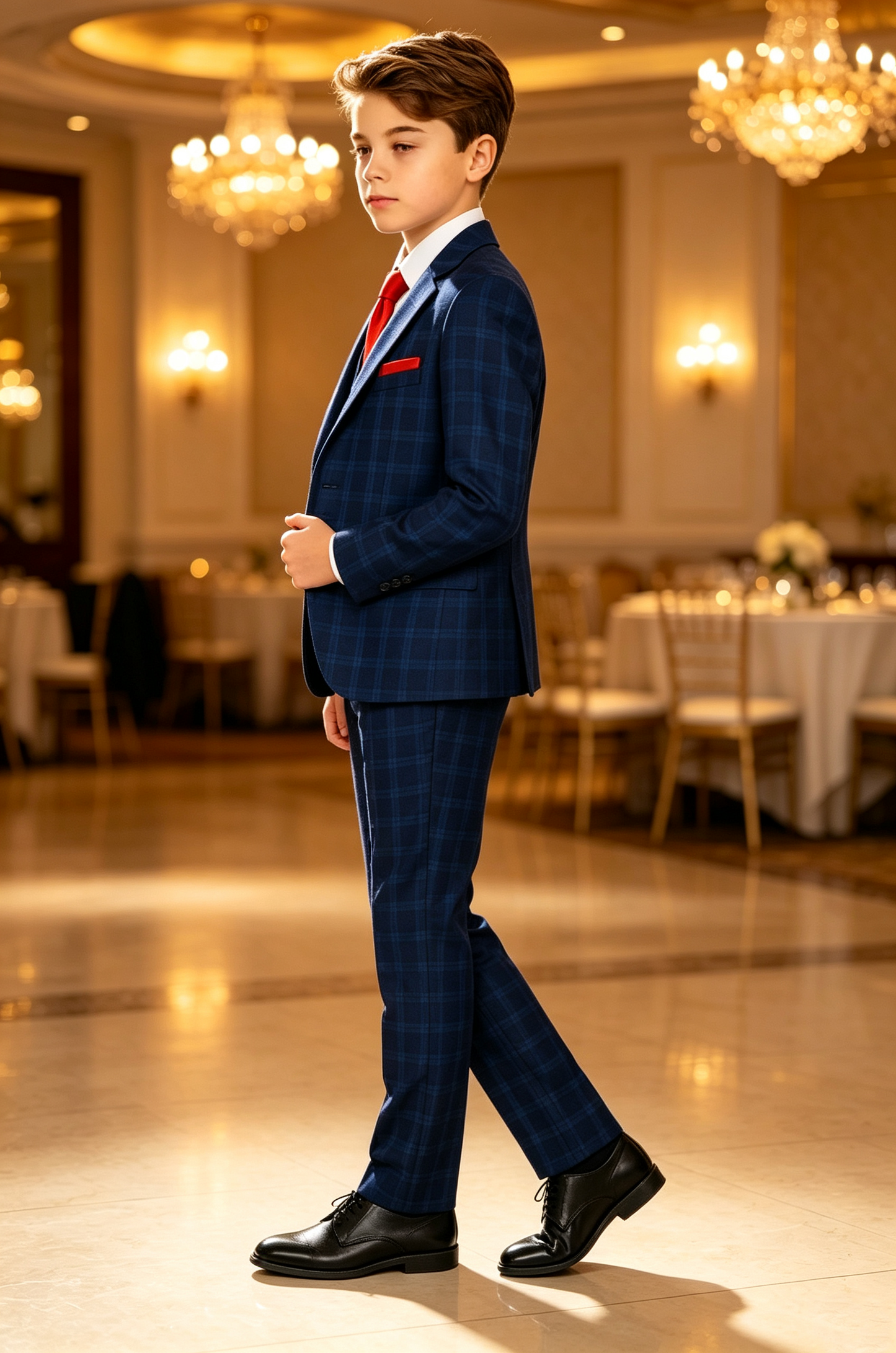 Navy‑Blue Plaid Serge‑Blend Boys Single‑Breasted 3‑Piece Suit