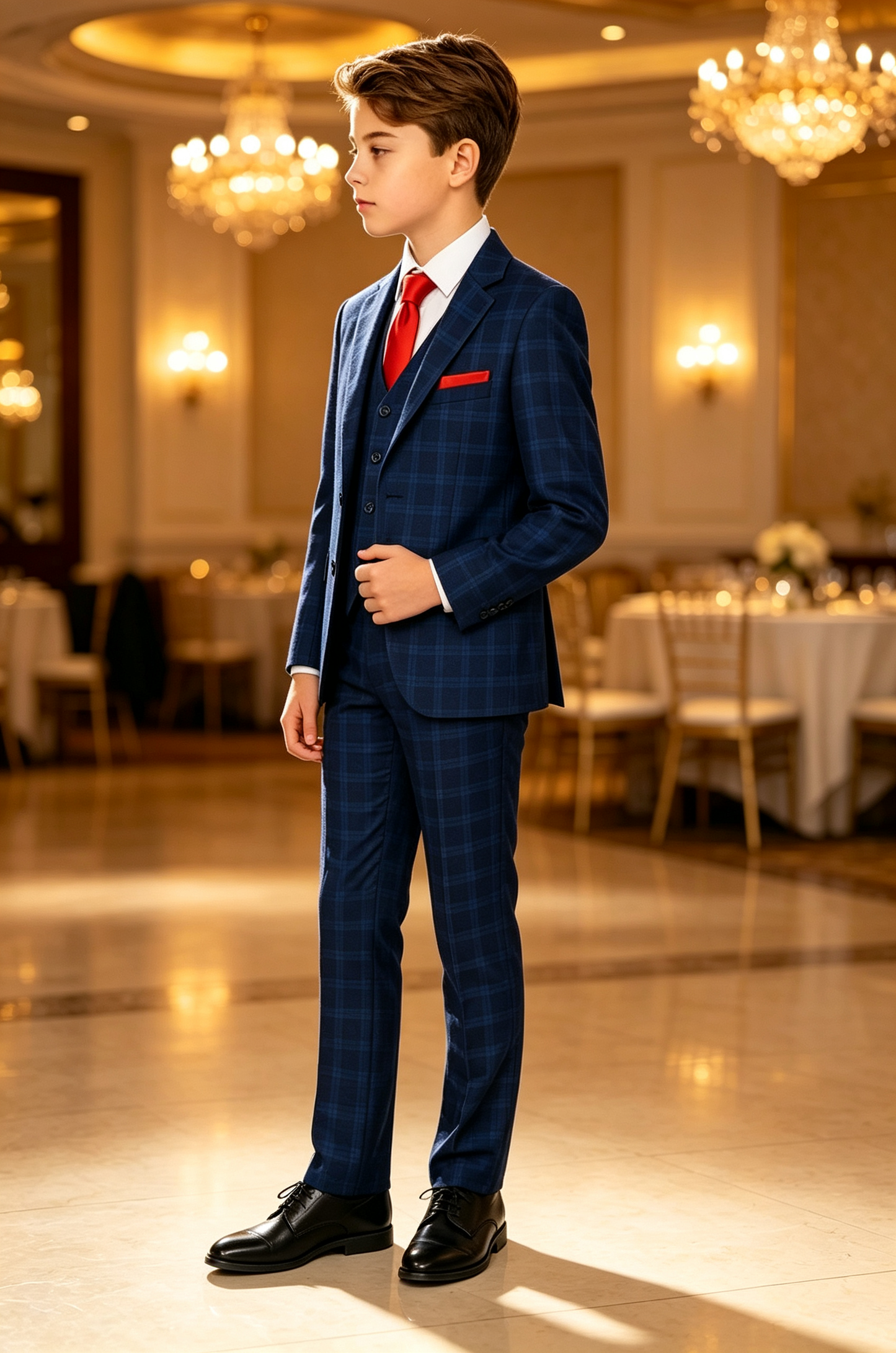 Navy‑Blue Plaid Serge‑Blend Boys Single‑Breasted 3‑Piece Suit
