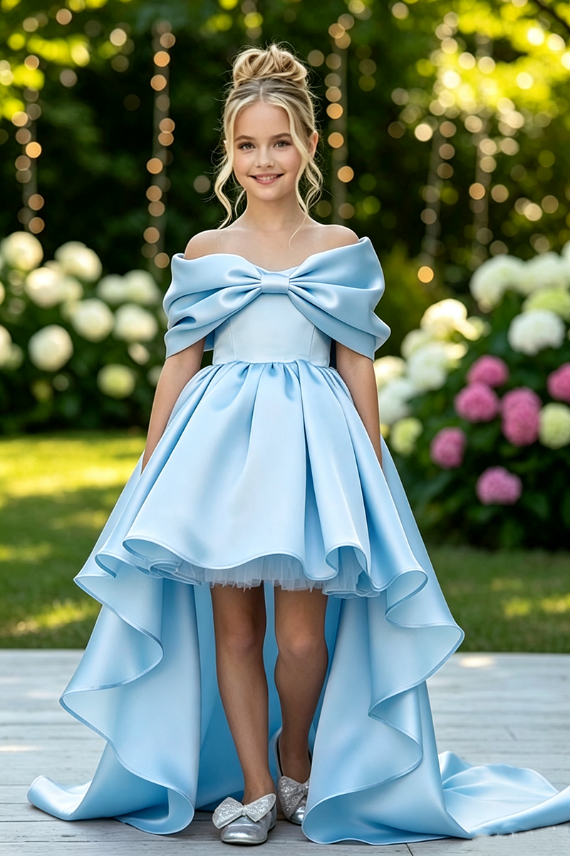Girls Pink Satin Off‑the‑Shoulder Dress for Weddings with Bow Detail