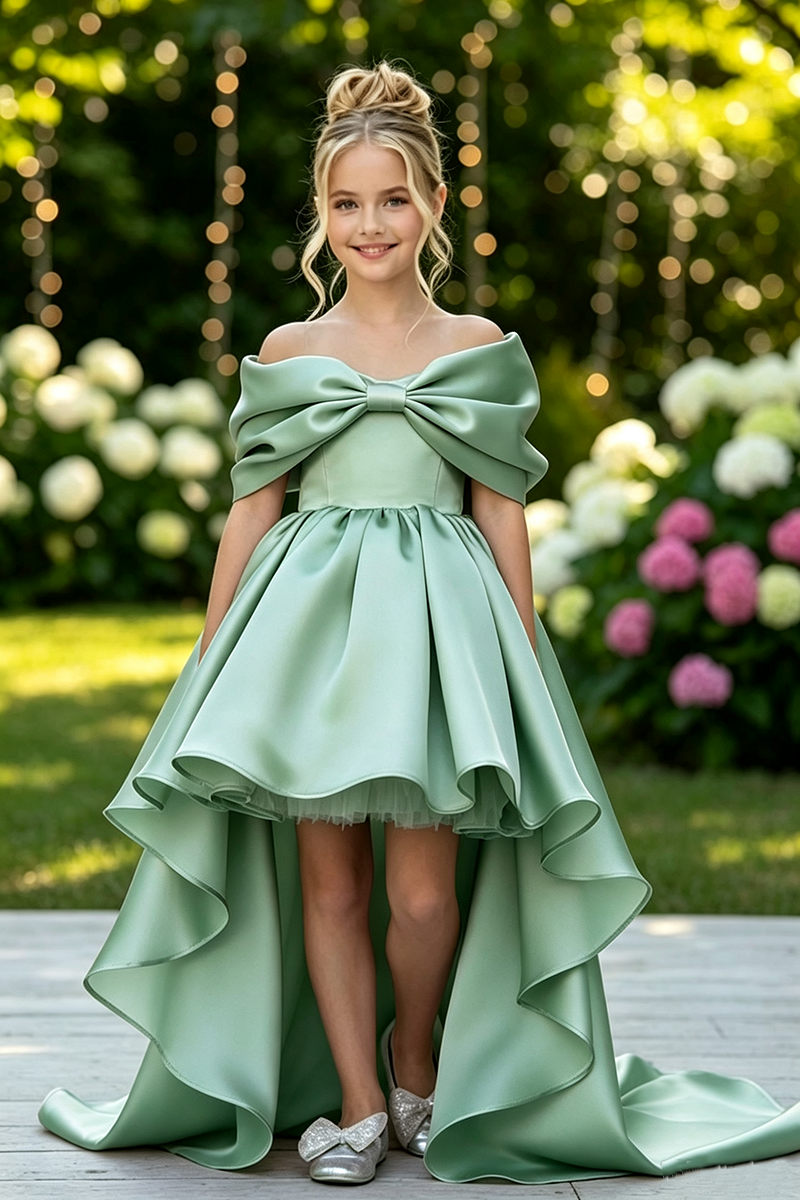Girls Pink Satin Off‑the‑Shoulder Dress for Weddings with Bow Detail