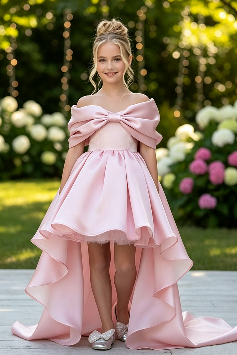 Girls Pink Satin Off‑the‑Shoulder Dress for Weddings with Bow Detail