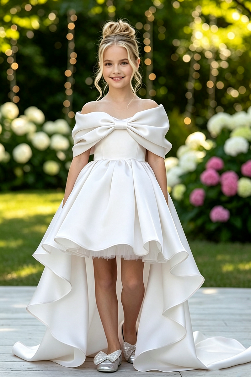 Girls Pink Satin Off‑the‑Shoulder Dress for Weddings with Bow Detail