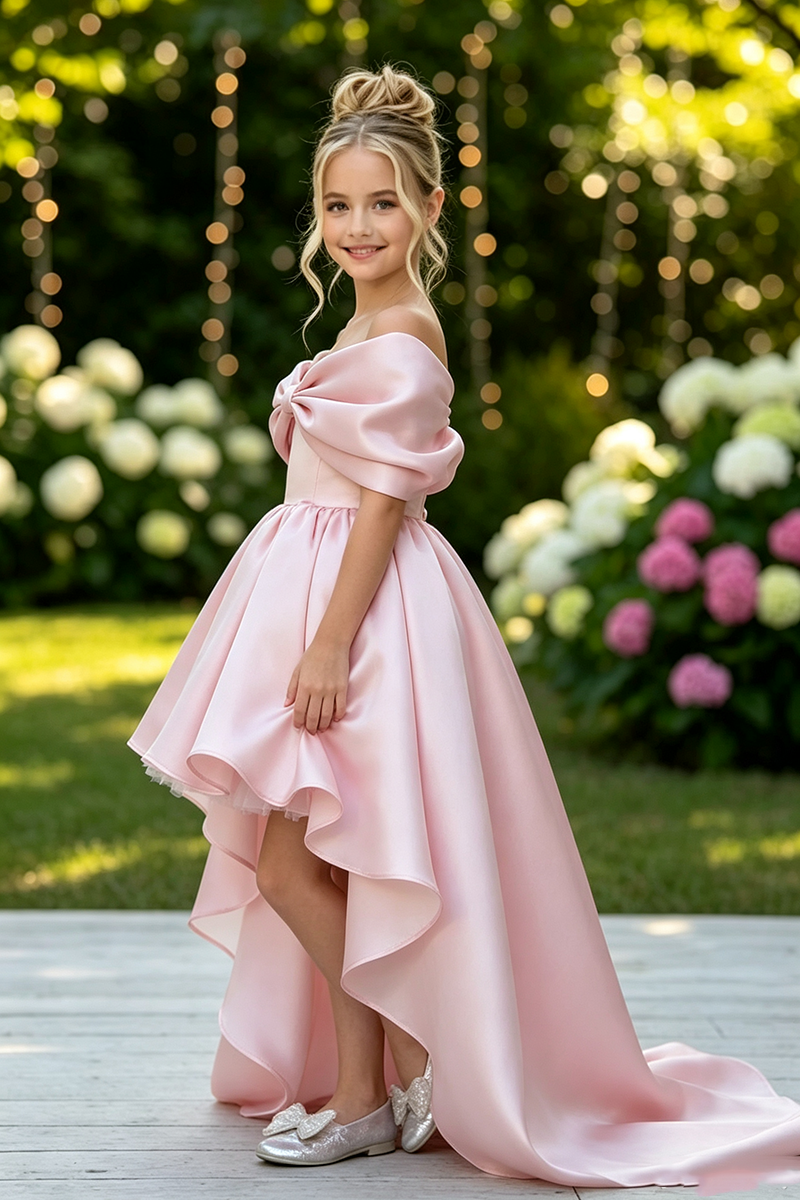 Girls Pink Satin Off‑the‑Shoulder Dress for Weddings with Bow Detail