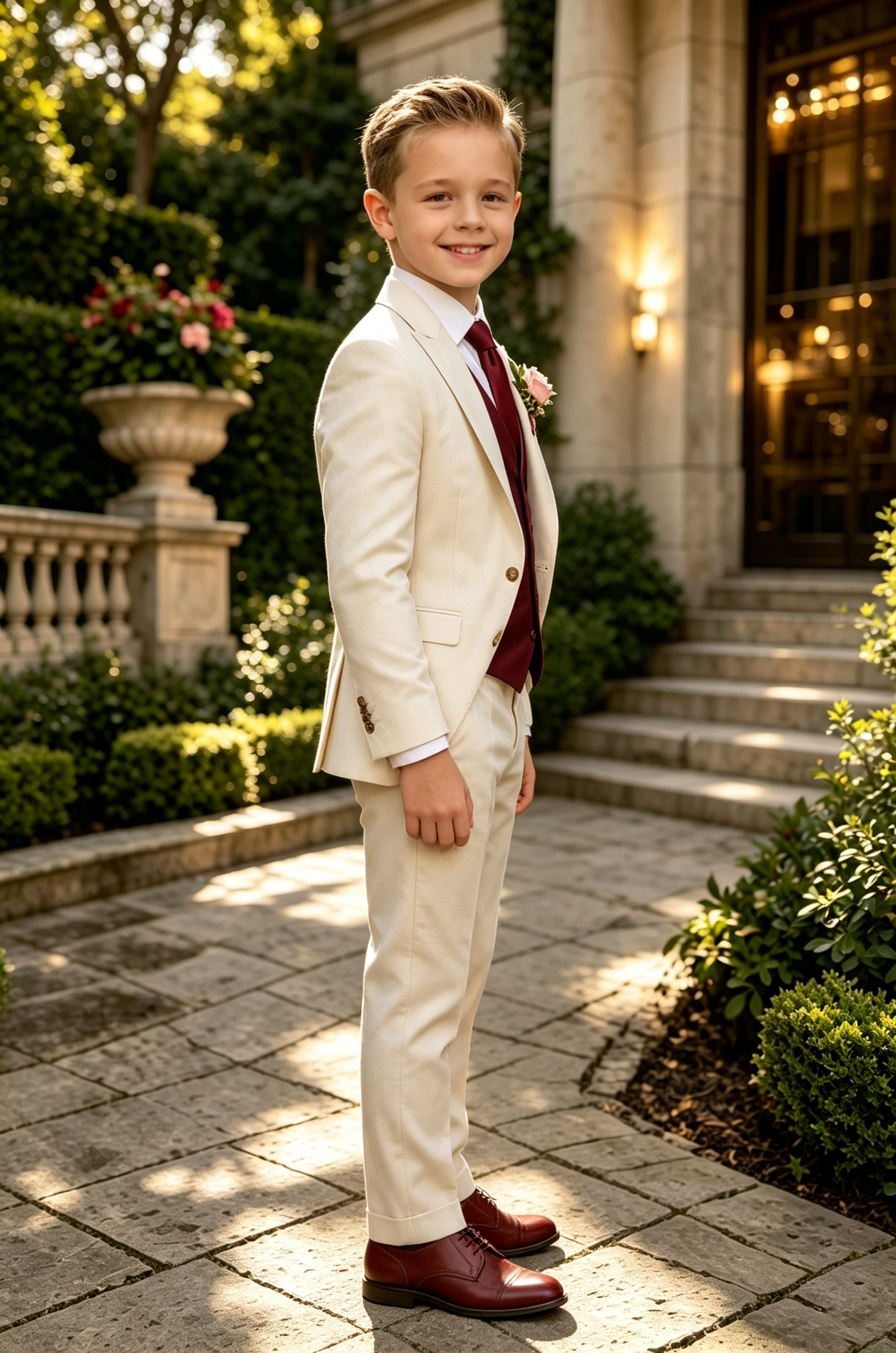 Beige & Burgundy Serge‑Blend Boys Single‑Breasted 3‑Piece Suit