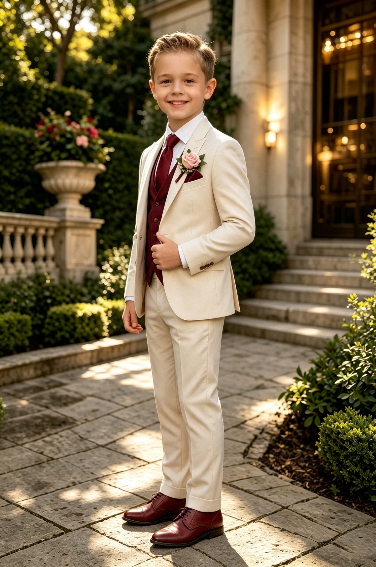 Beige & Burgundy Serge‑Blend Boys Single‑Breasted 3‑Piece Suit